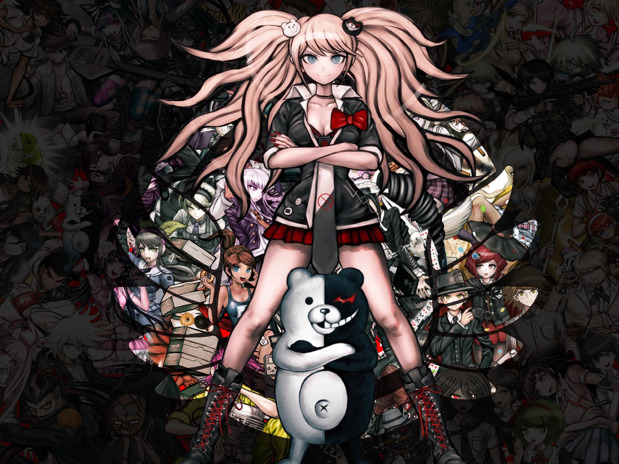 A pink-haired girl stands on a white teddy bear, holding a knife. She is surrounded by dozens of other characters from the game Danganronpa. - Danganronpa