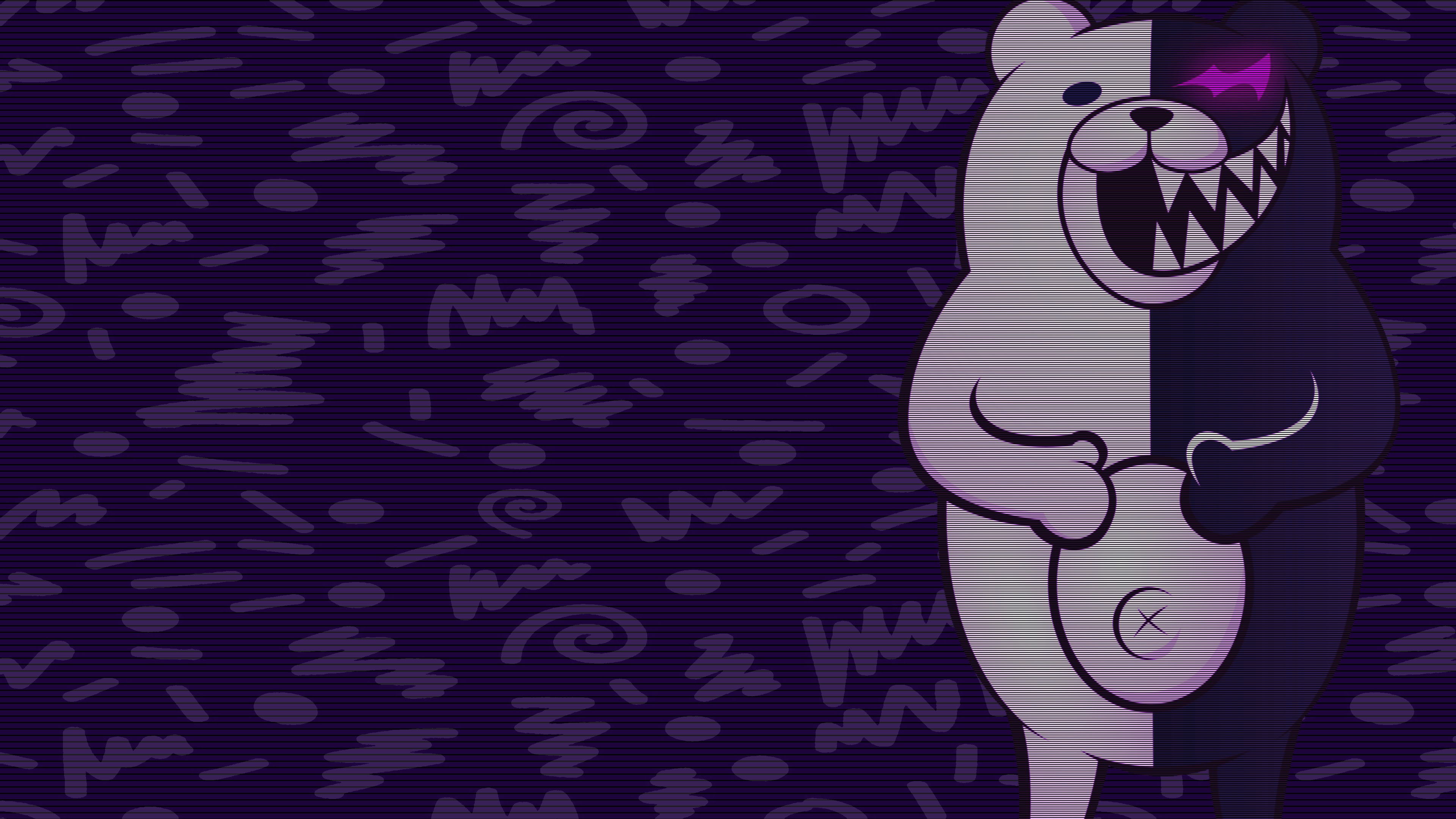 A bear with purple eyes and black fur - Danganronpa