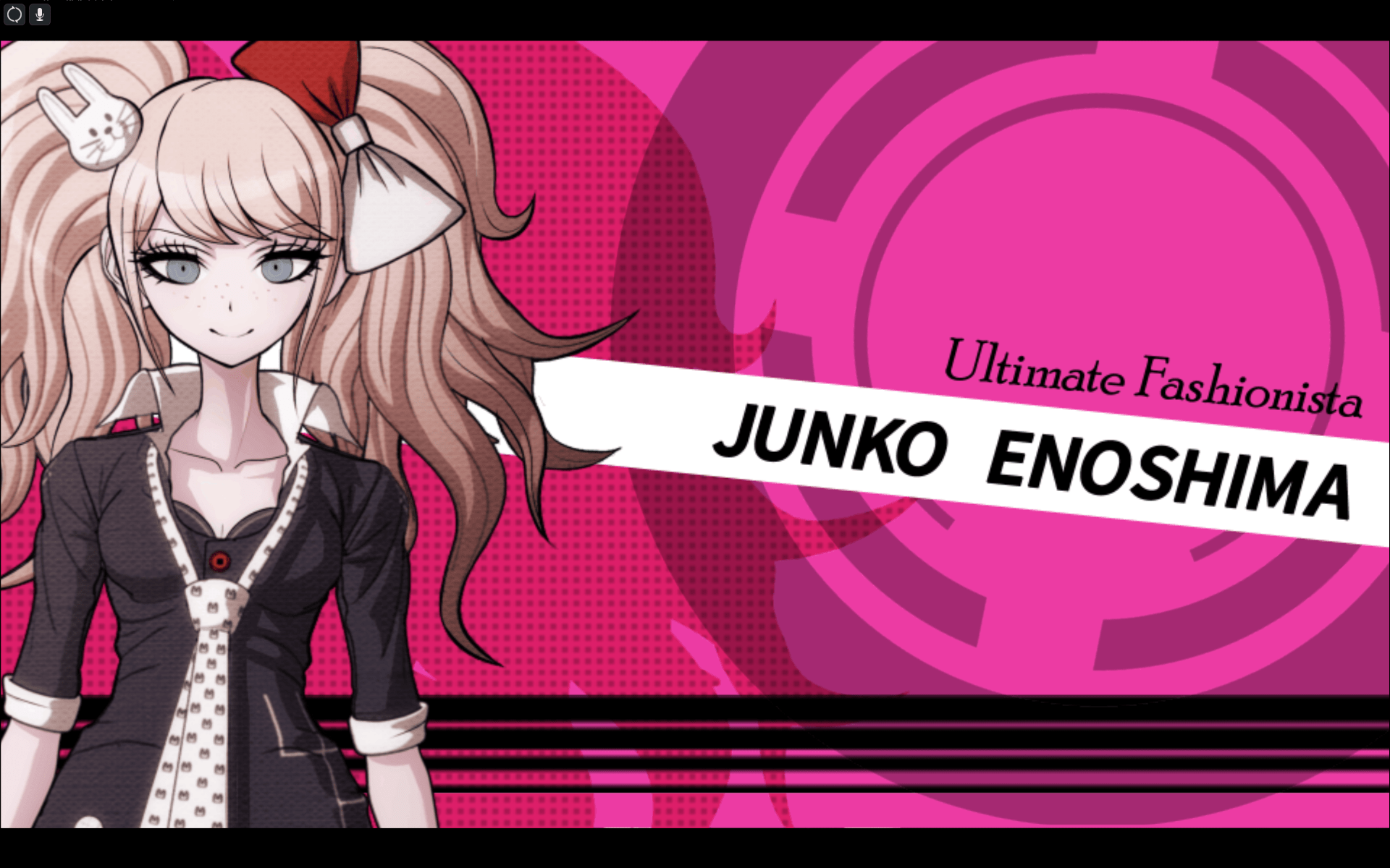 A woman with long hair and black clothes is standing in front of an animated background - Danganronpa
