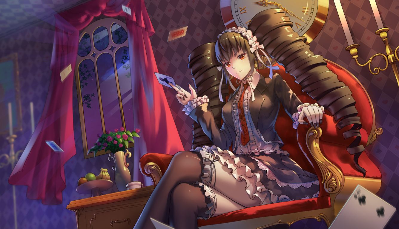 A girl with brown hair and bangs is sitting on a red chair holding cards. - Danganronpa