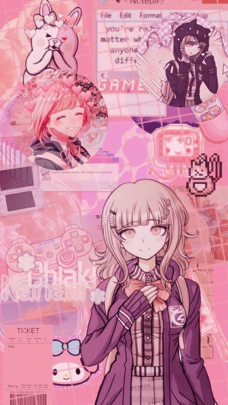 Anime girl aesthetic wallpaper background for phone with pink and purple colors - Danganronpa