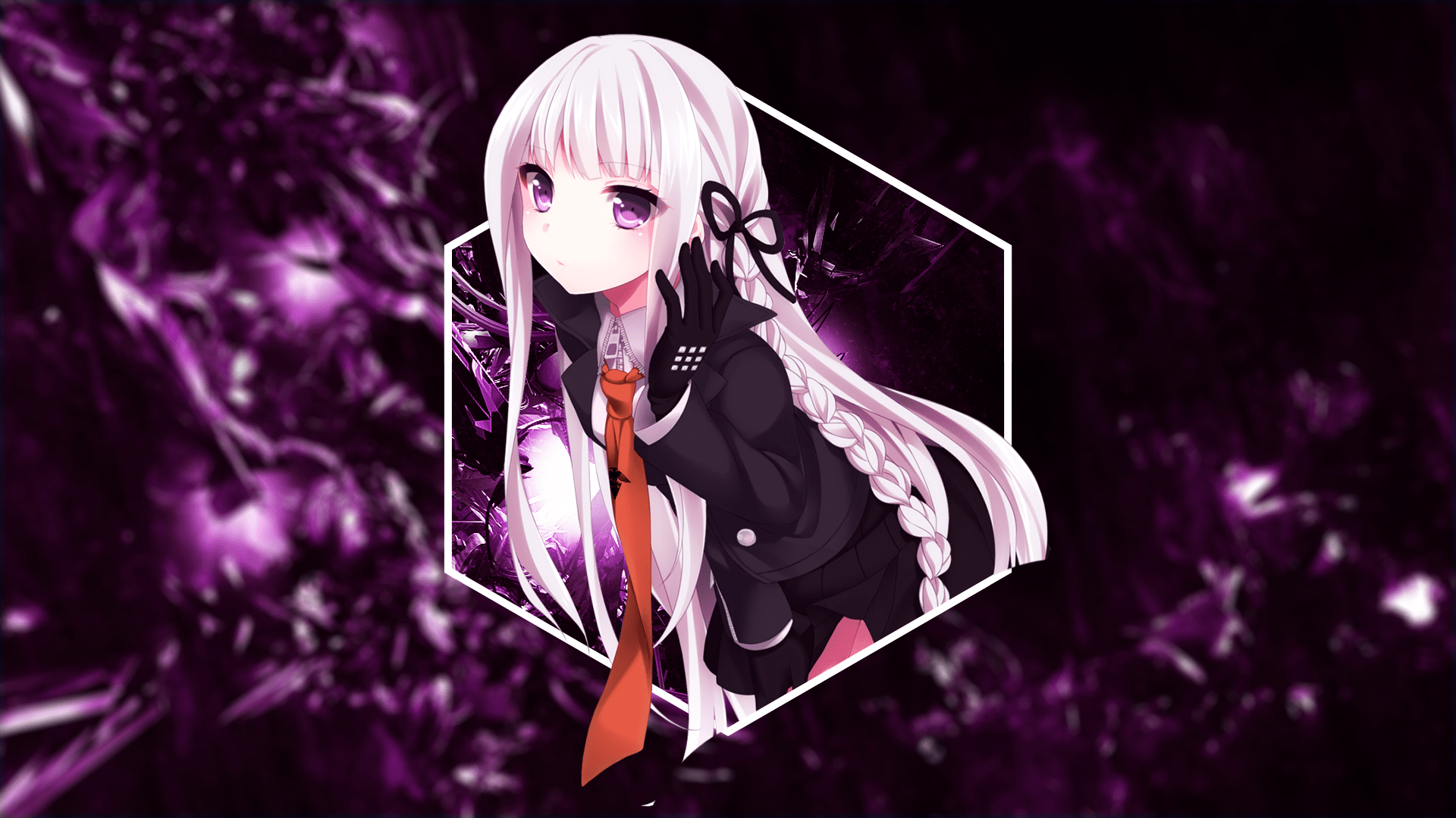 Anime girl with white hair, purple eyes, red tie, black jacket, purple background - Danganronpa