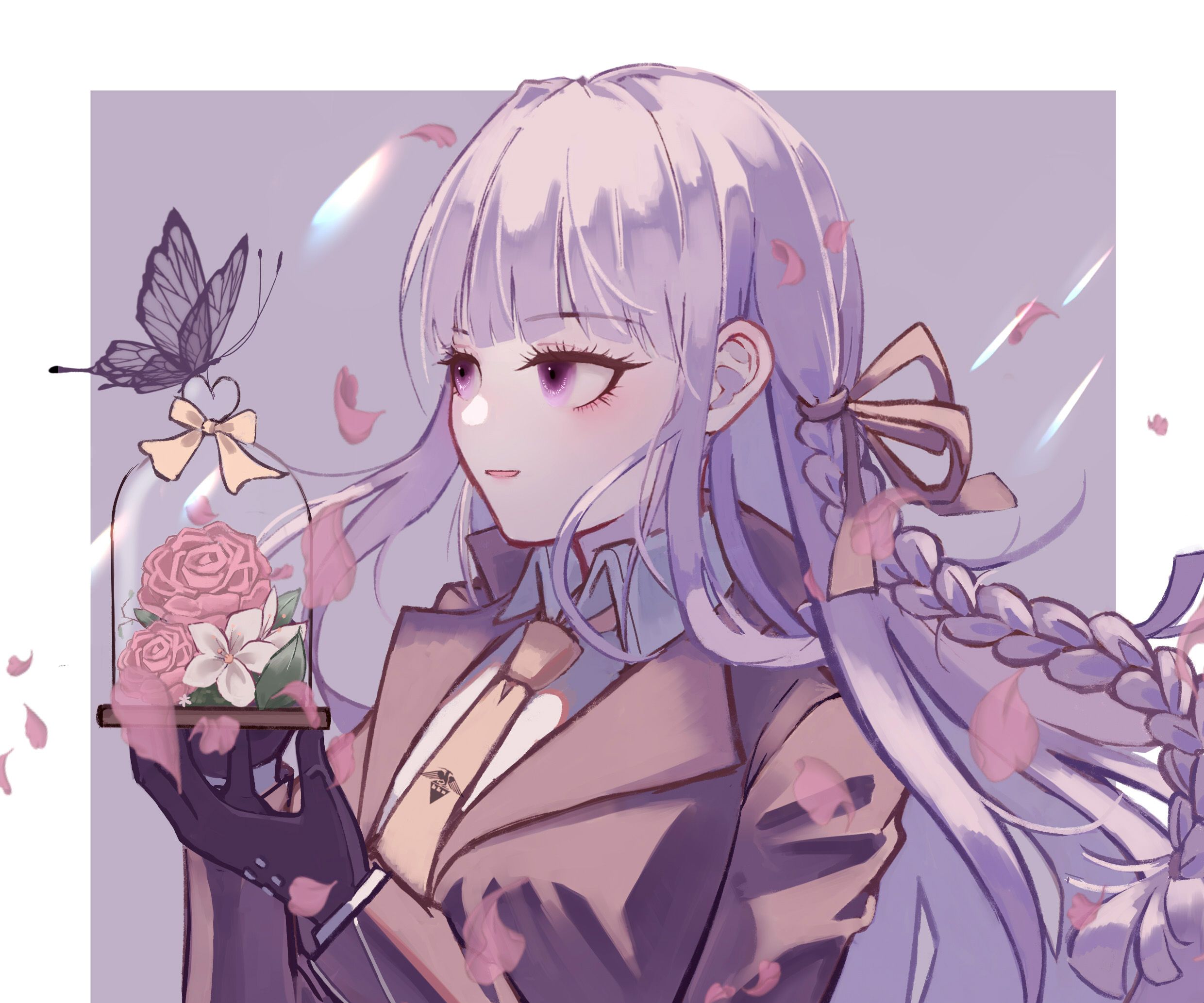 A girl with long hair holding flowers in her hand - Danganronpa