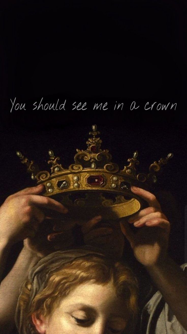 A painting of a man putting a crown on a woman's head with the caption 