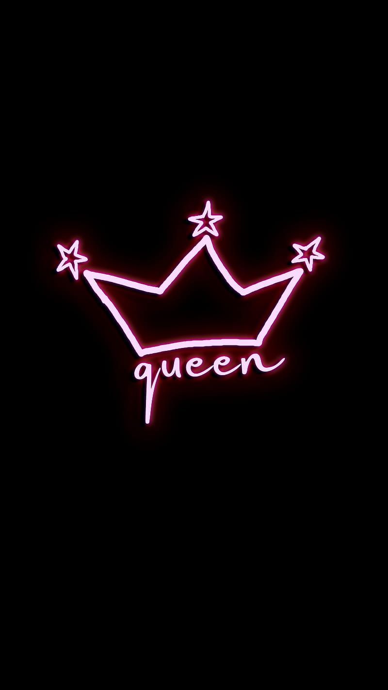 Queen and crown, 80s, black, drawing, light, neon, neon light, pink, retro, self estime, HD phone wallpaper