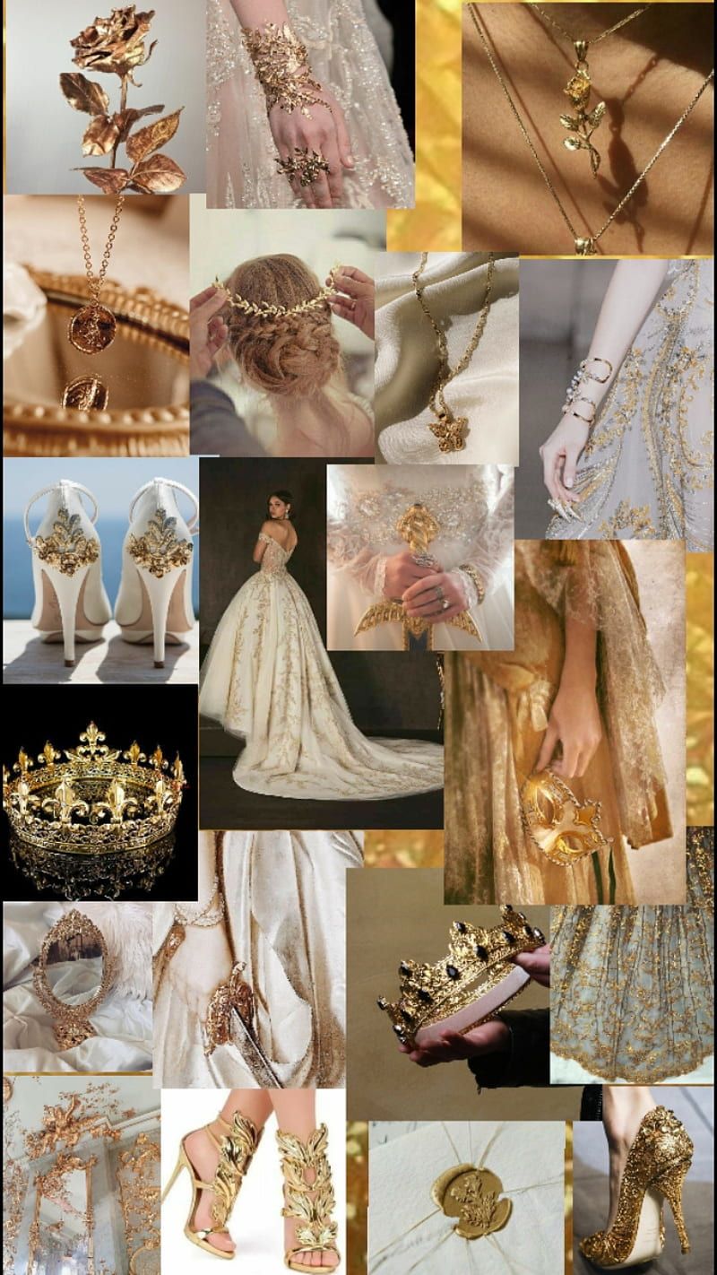 A collage of gold and white images of jewelry, shoes, and dresses. - Crown