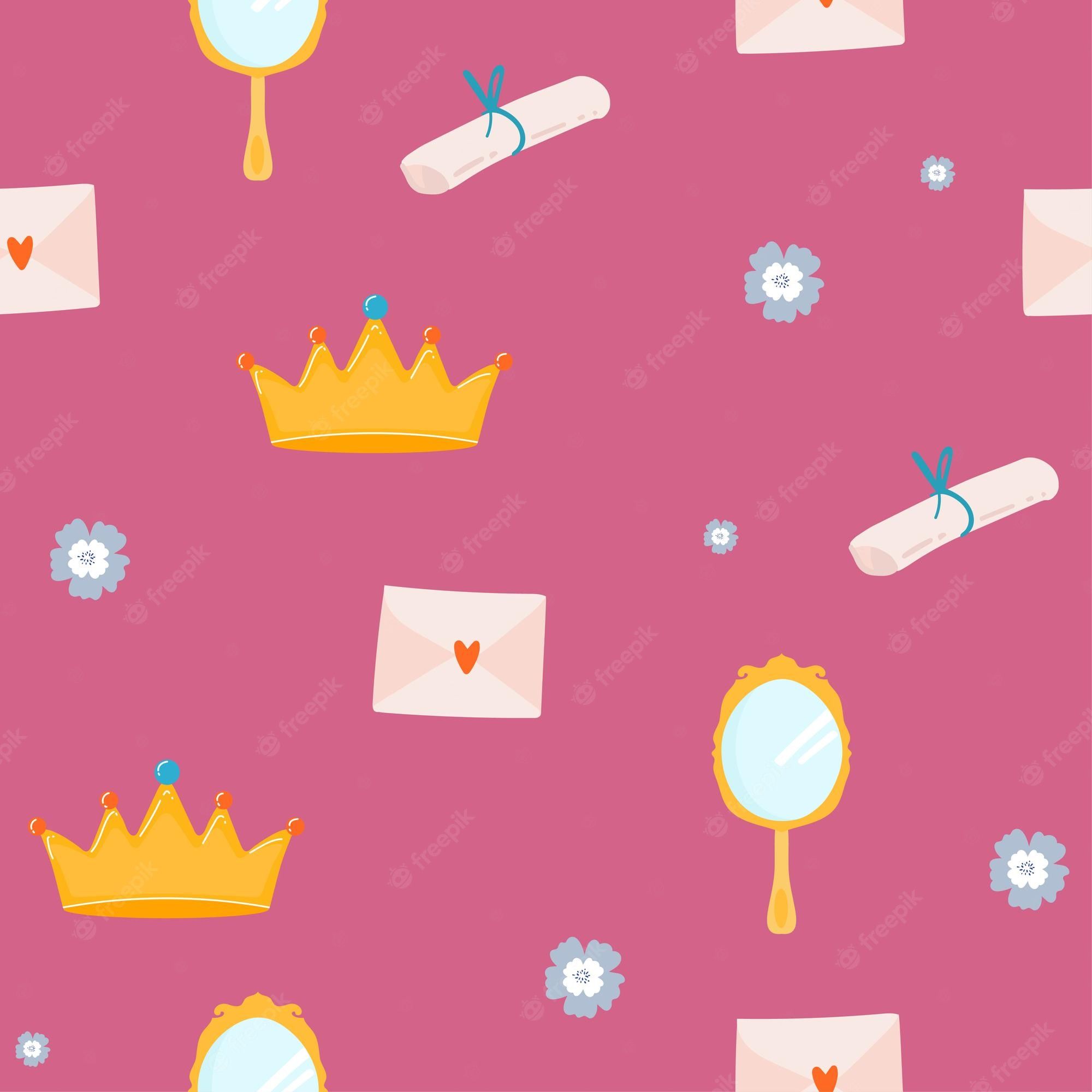 Seamless pattern with crowns, mirror, envelope and flowers on a pink background. - Crown