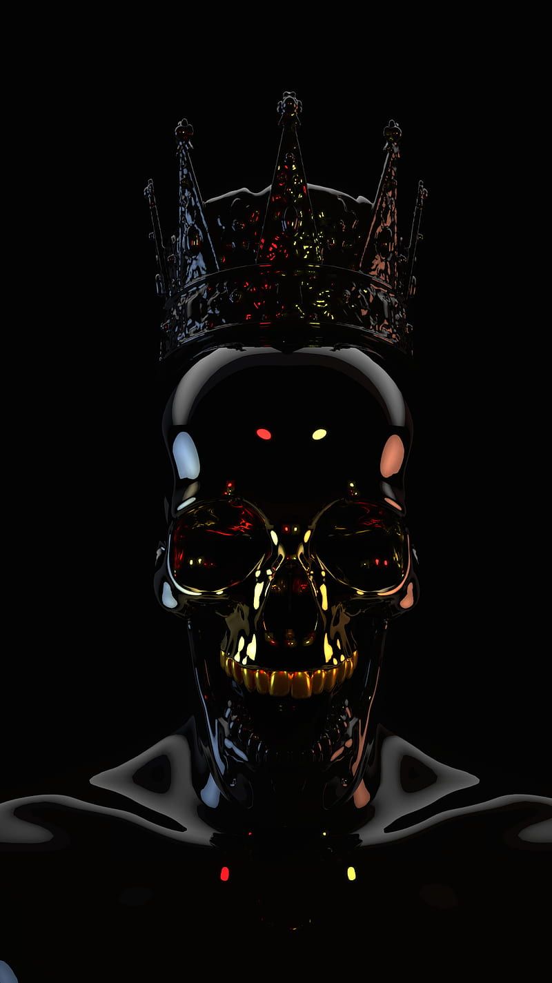 Skull, black, dark, crown, 3D, HD phone wallpaper