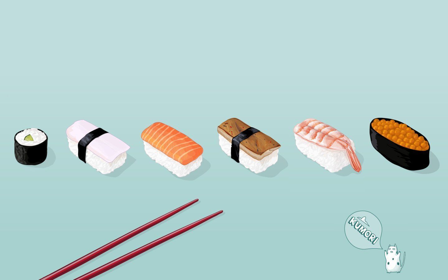 A variety of sushi pieces, including chopsticks and a speech bubble that says 