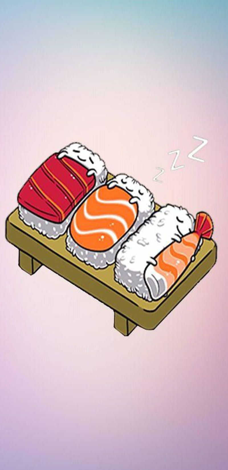 A cartoon sushi set with two pieces of salmon and one of tuna, all sleeping on a wooden plate. - Sushi
