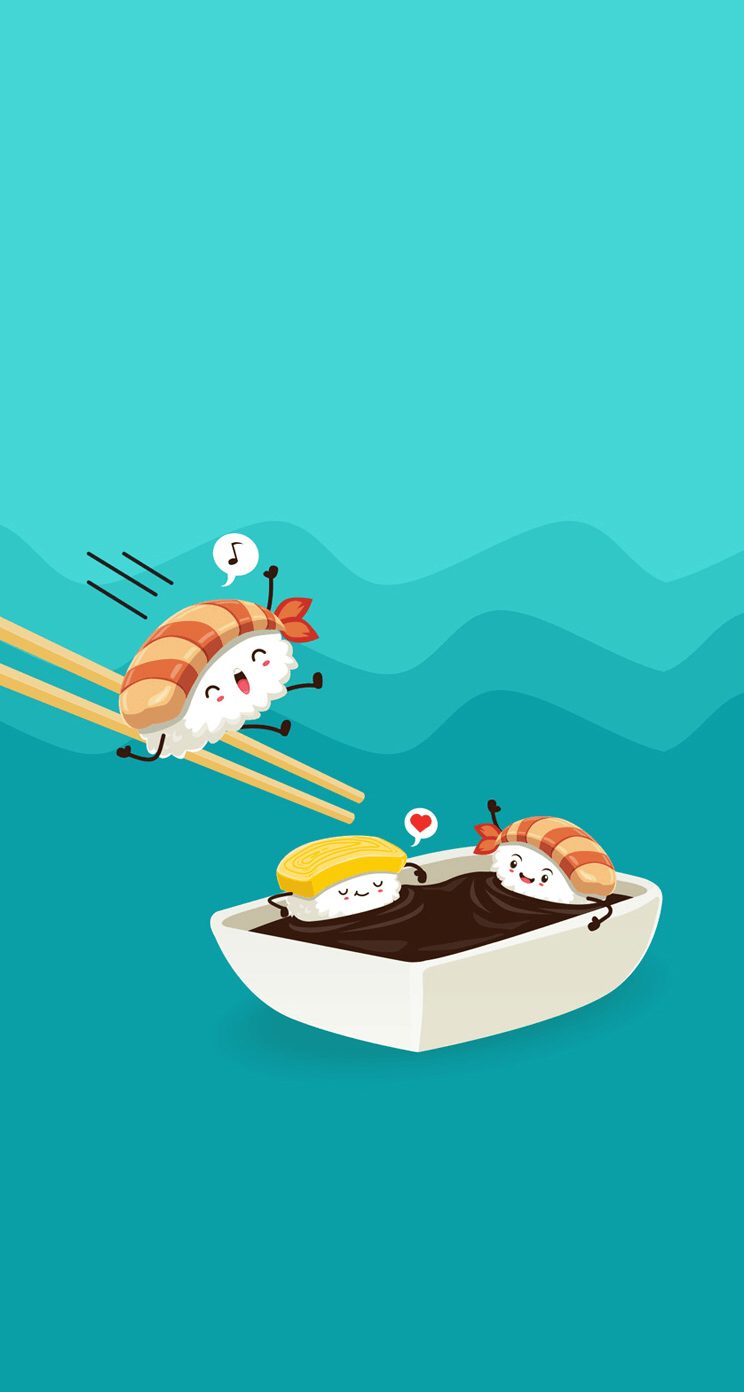 An iPhone wallpaper with sushi characters on chopsticks. - Sushi