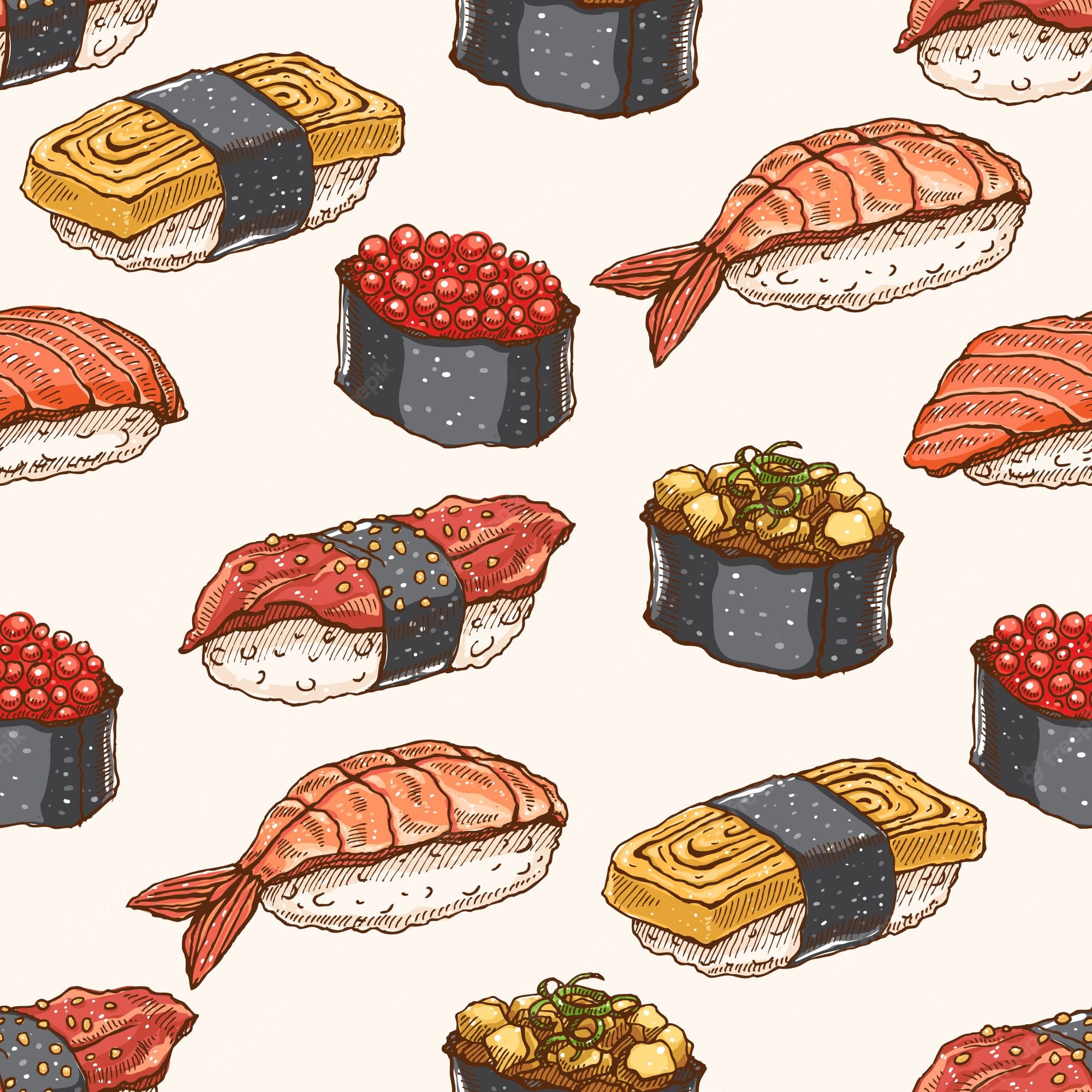 A pattern of different types of sushi - Sushi