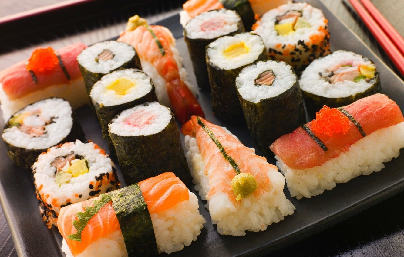 Wallpaper sticks, Japan, Japan, figure, slices, sushi, cutting, rolls, shrimp, seafood, Japanese cuisine, red caviar, serving, salmon, japan food, Susi image for desktop, section еда