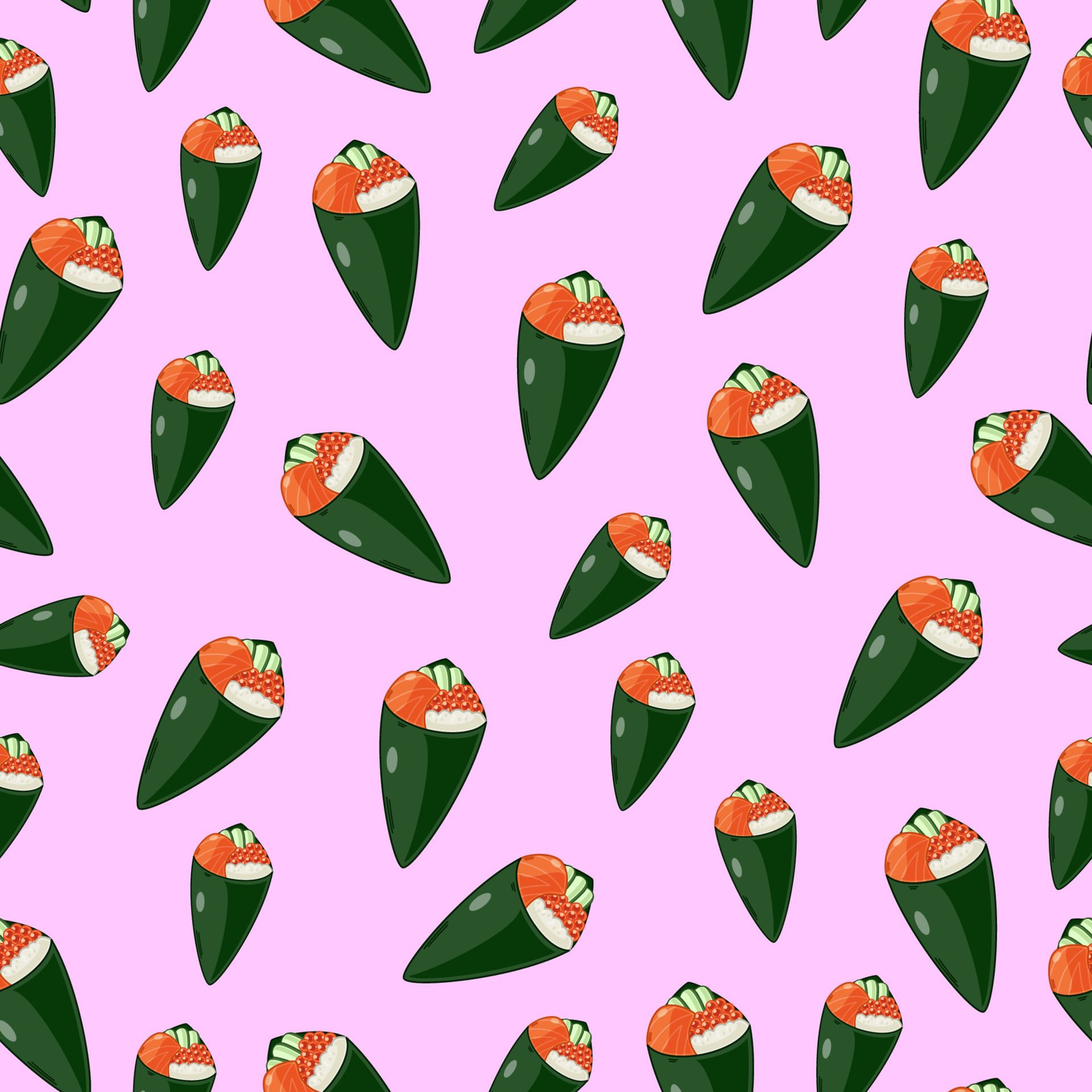 cartoon sushi temaki, japanese food seamless pattern on colorful background