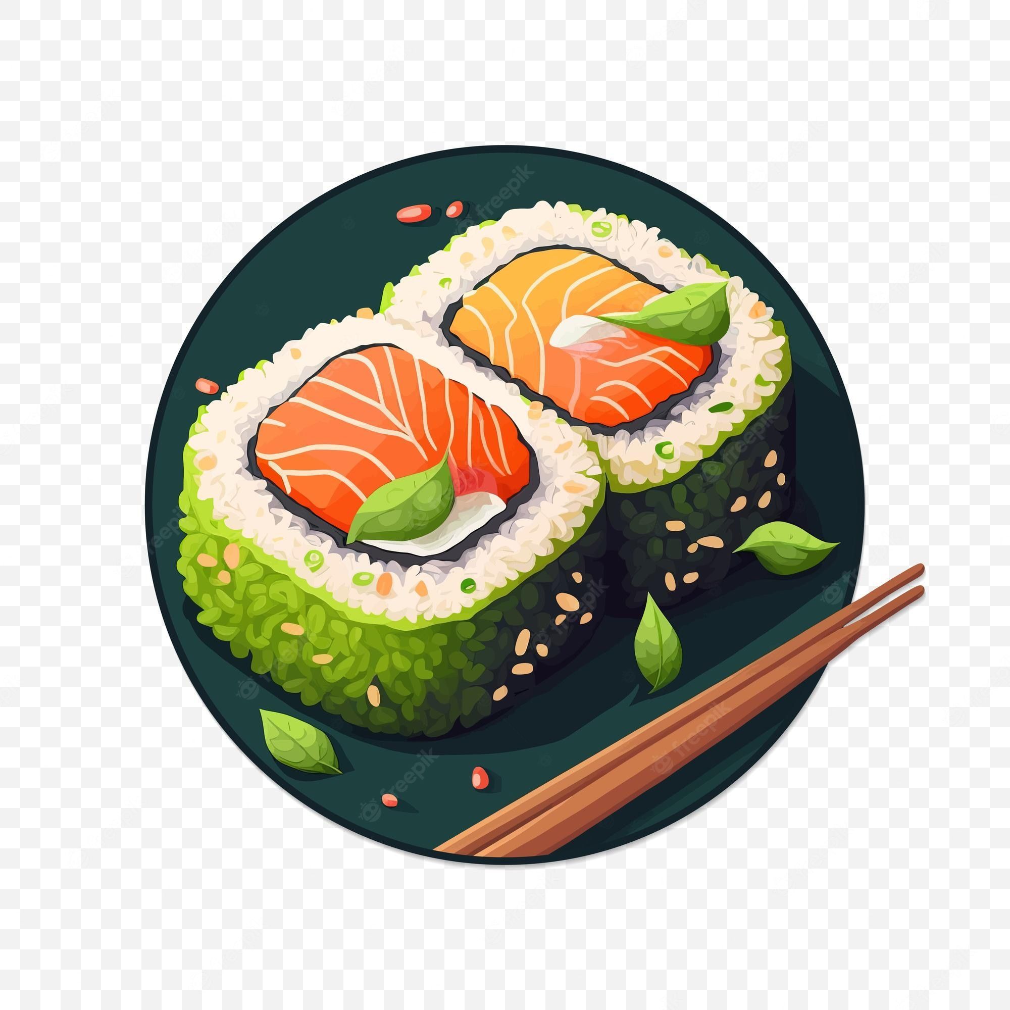 Premium Vector. Fresh delicious sushi with red fish maki sushi rolls with chopsticks japanese seafood vector illustration eps 10