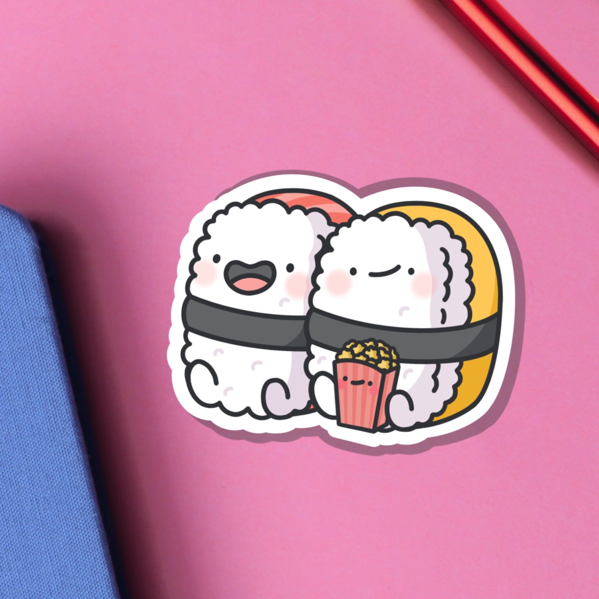 Cute Sushi Eating Popcorn Vinyl Sticker. Cute Vinyl Stickers