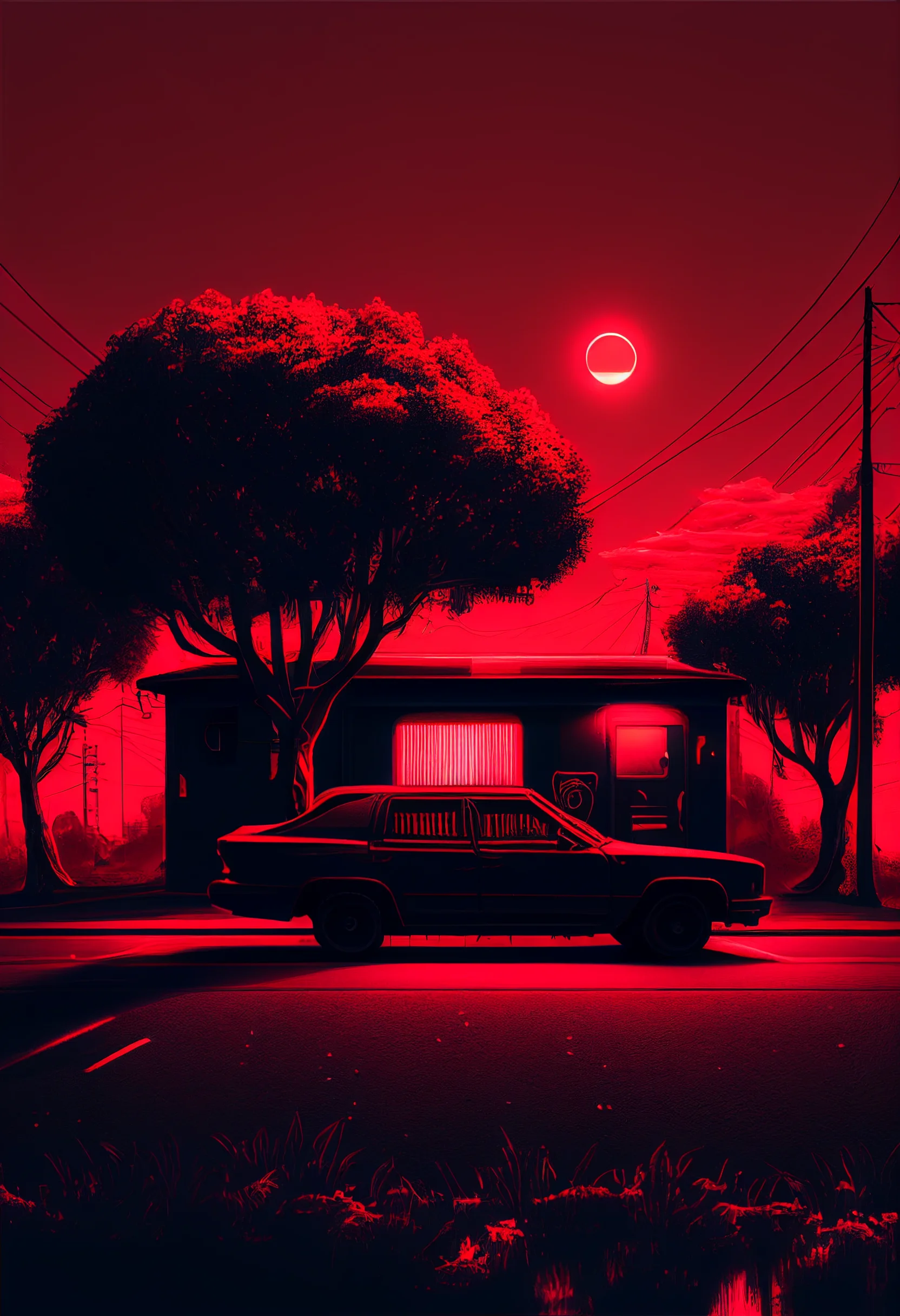 A red and black illustration of a hearse parked on a street - IPhone red