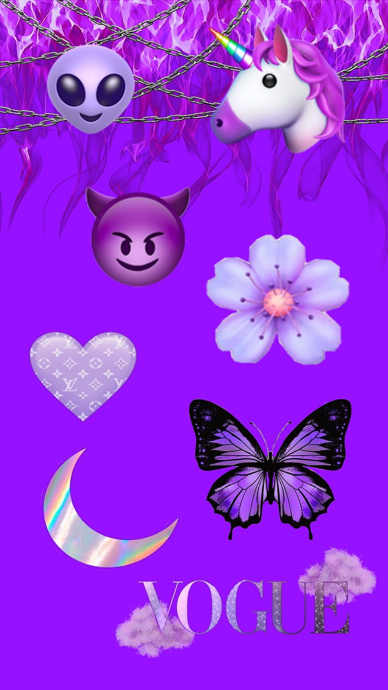 A purple background with various emojis and symbols - Cute purple
