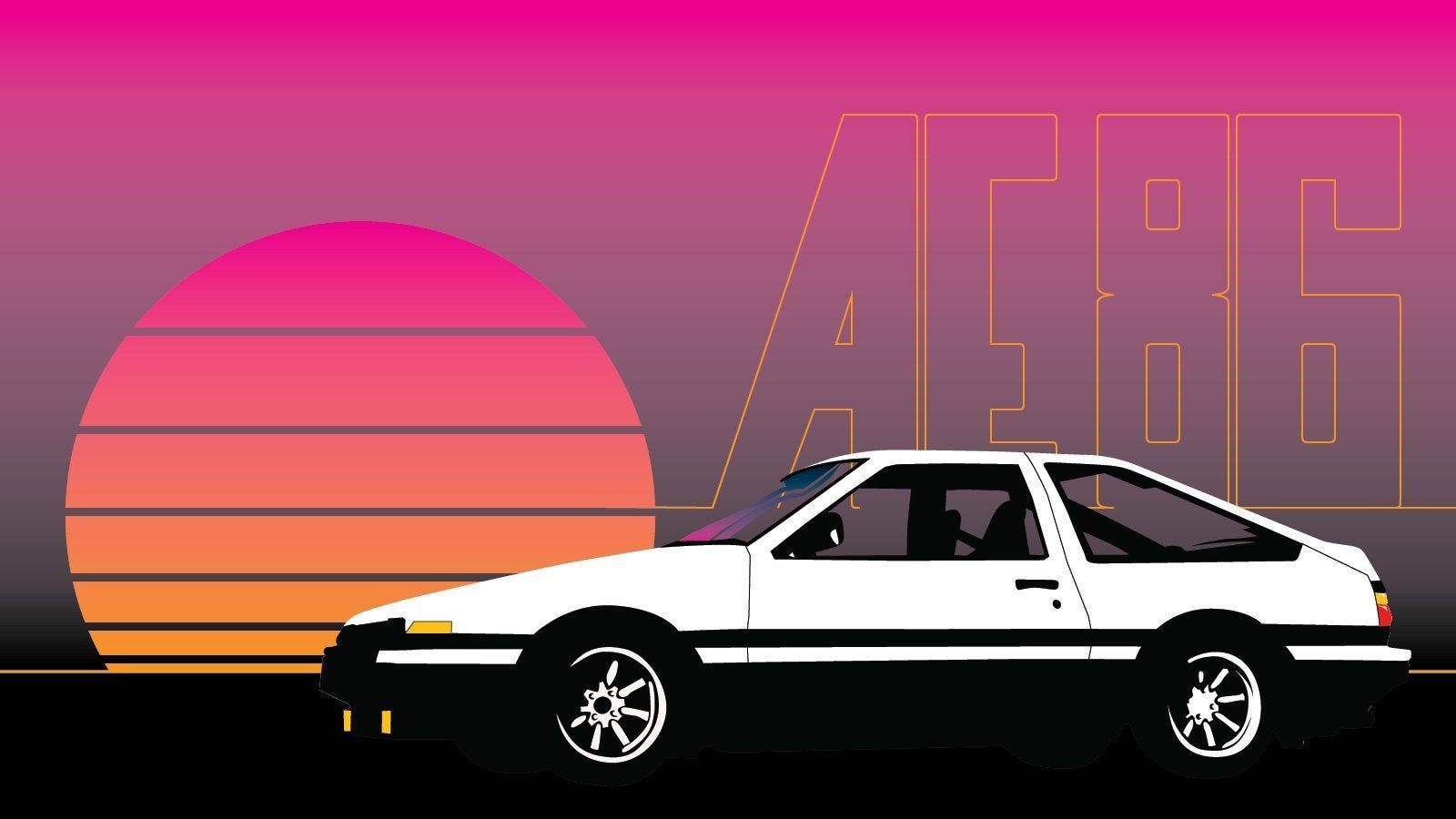 A car is parked in front of an orange sunset - Toyota AE86