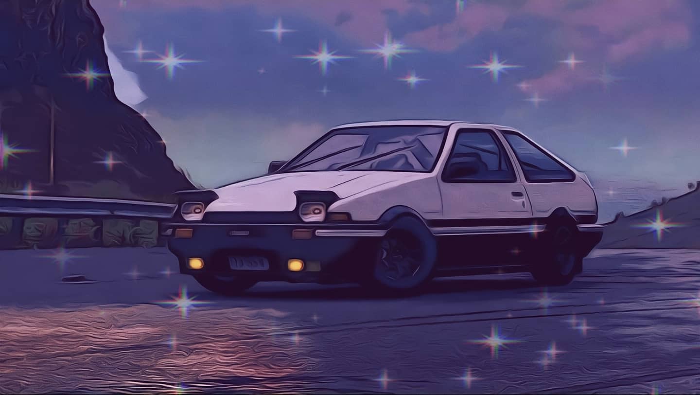 A white Toyota Sprinter Trueno AE86 with purple and blue lights in the background. - Toyota AE86