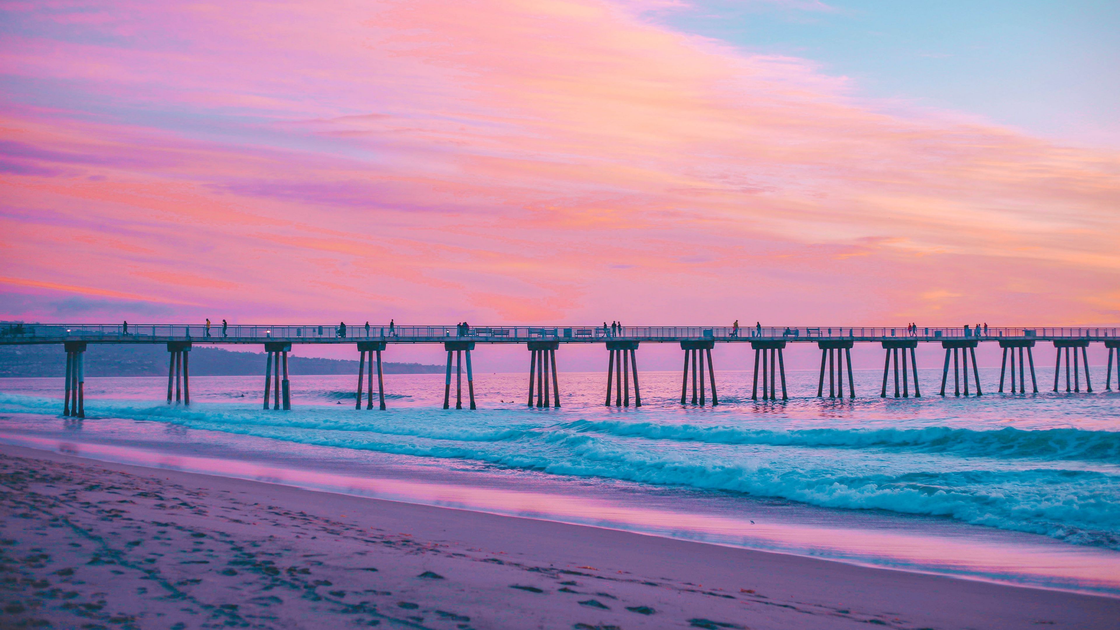 Wallpaper / pier, sea, surf, pink, hermosa beach, california, 4k free download