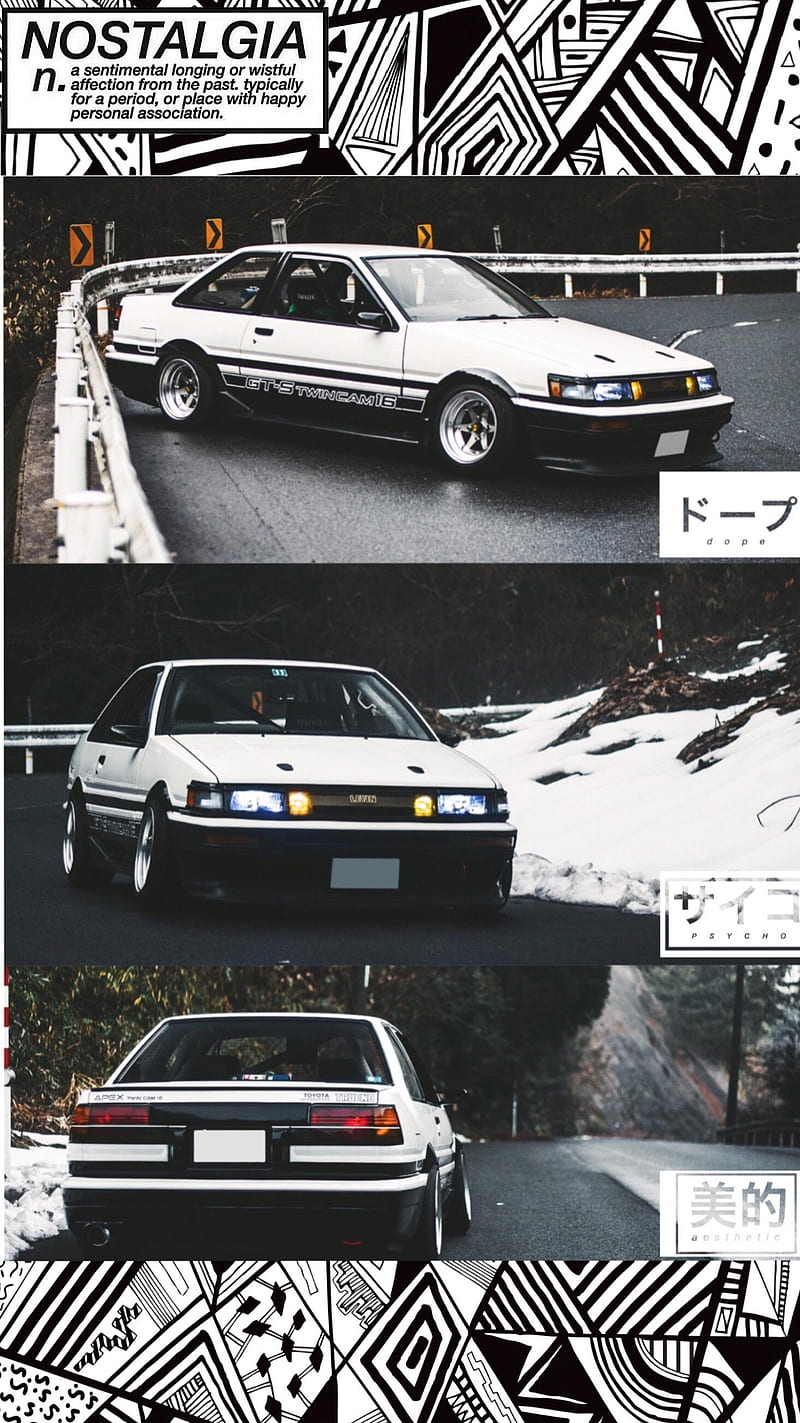 Three different shots of a white car driving down a snowy road - Toyota AE86