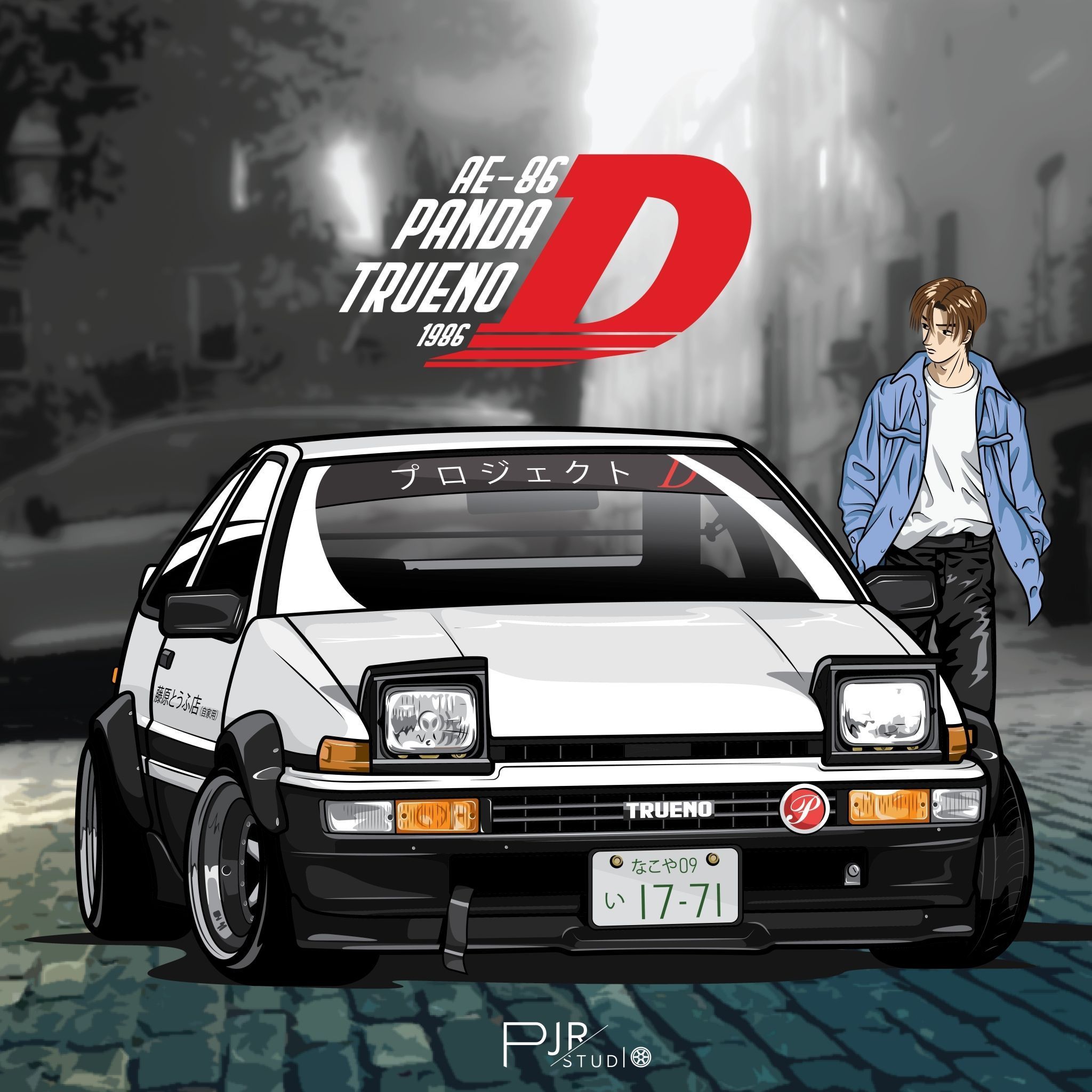 Initial D artwork of a AE86 with a panda body kit and a 1986 license plate - Toyota AE86