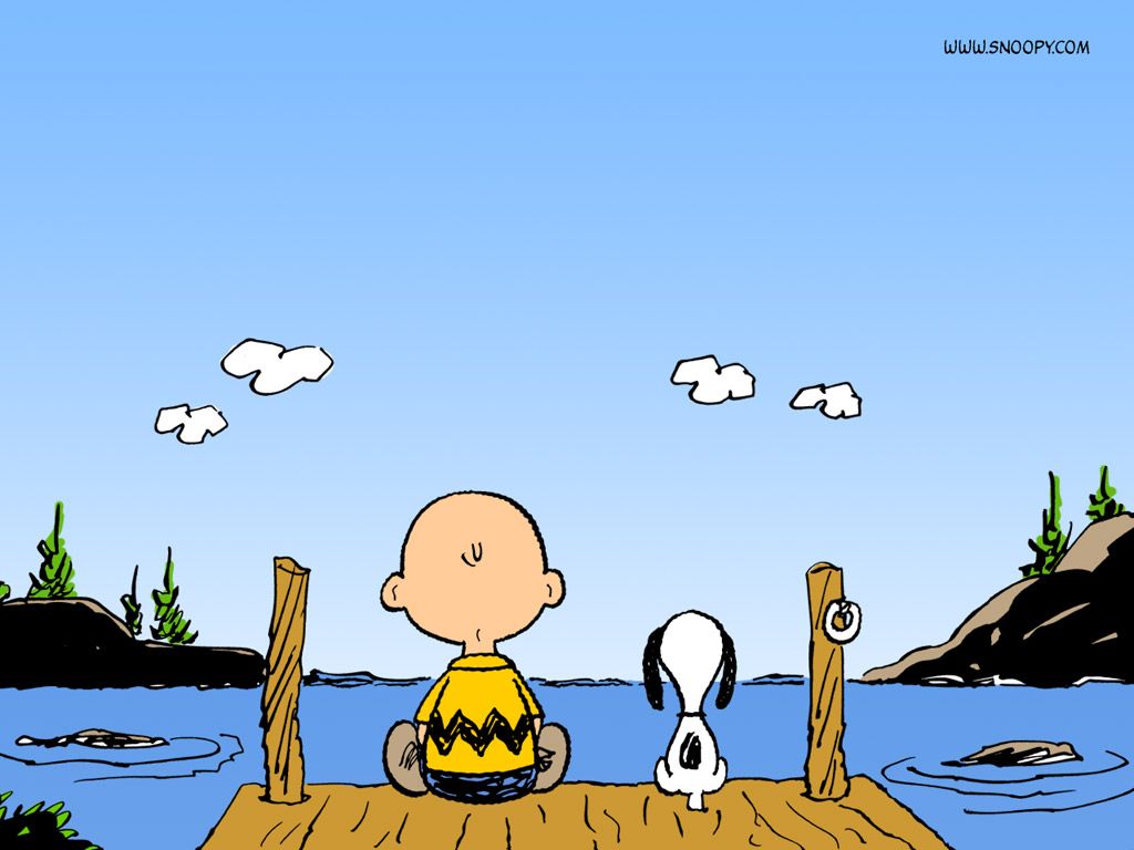 Charlie Brown and Snoopy sitting on a dock - Snoopy