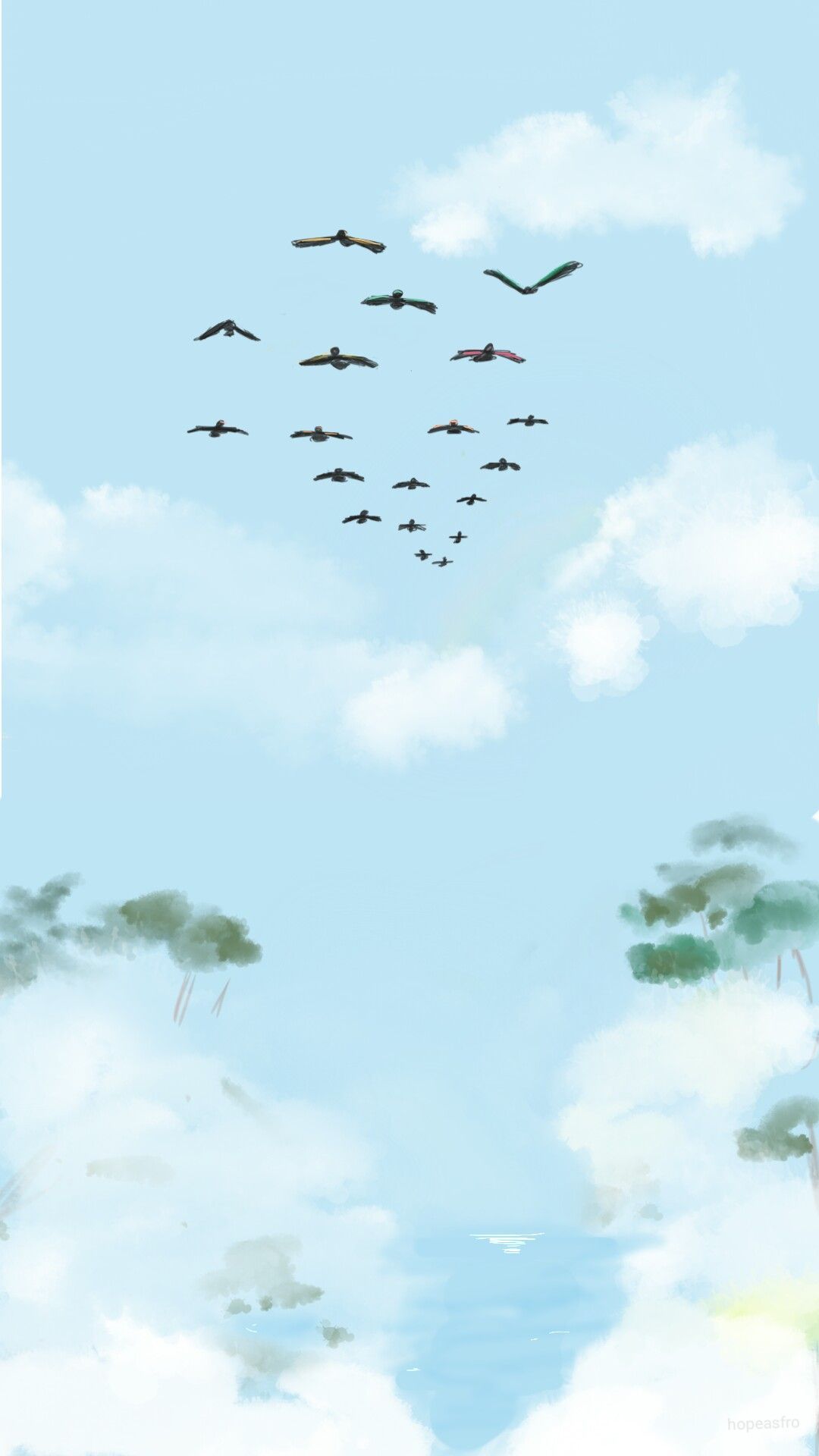 Birds at the coast wallpaper. Art, Sky art, Realistic drawings