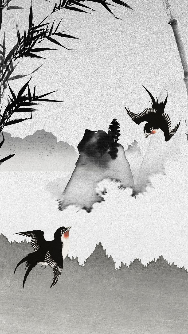 Two birds flying in the sky with bamboo and mountains in the background - 