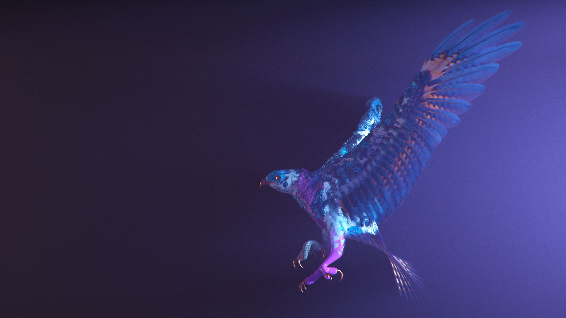 A purple and blue falcon in flight with a purple background - 