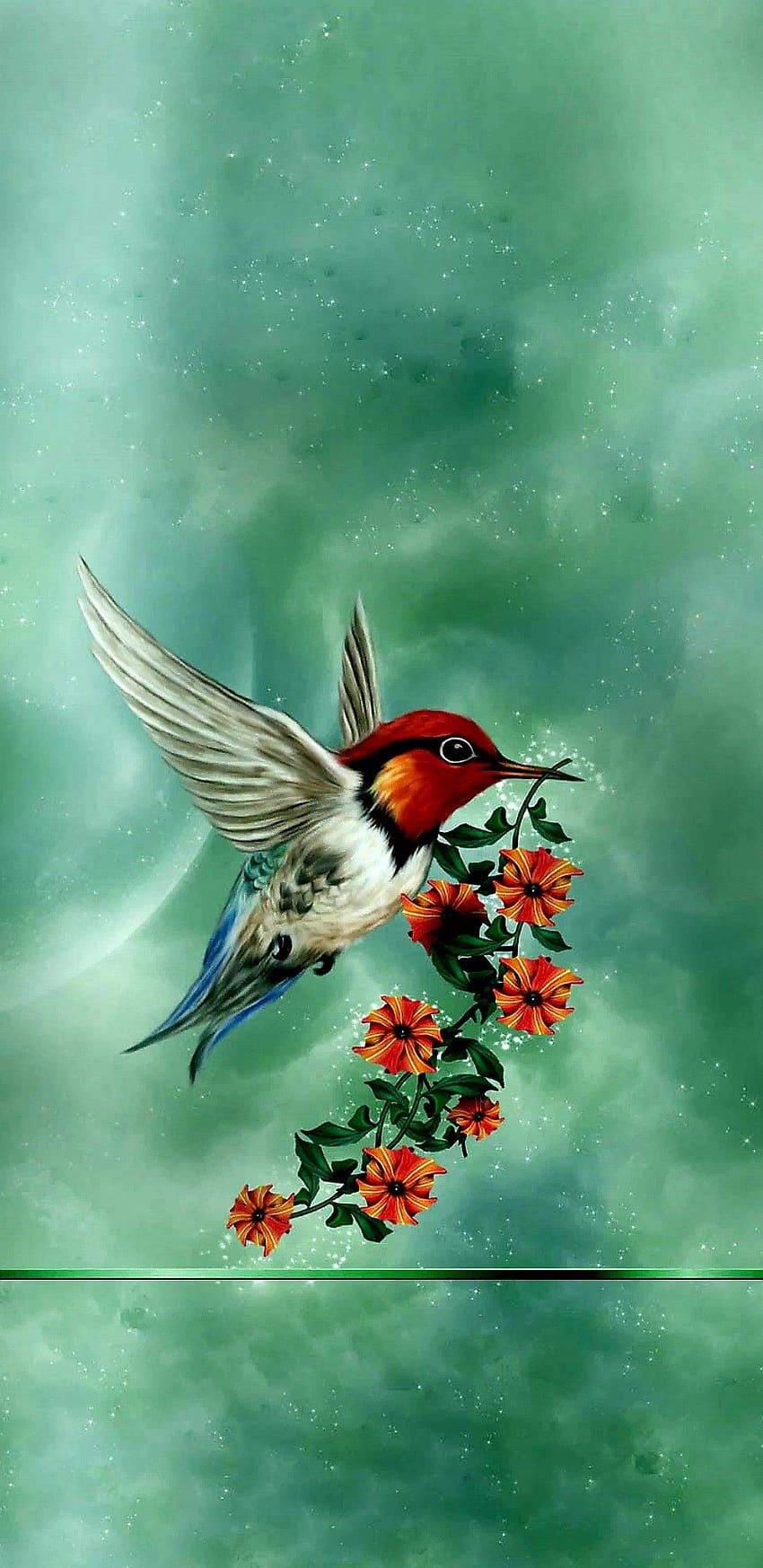 A bird flying over some flowers in the air - 