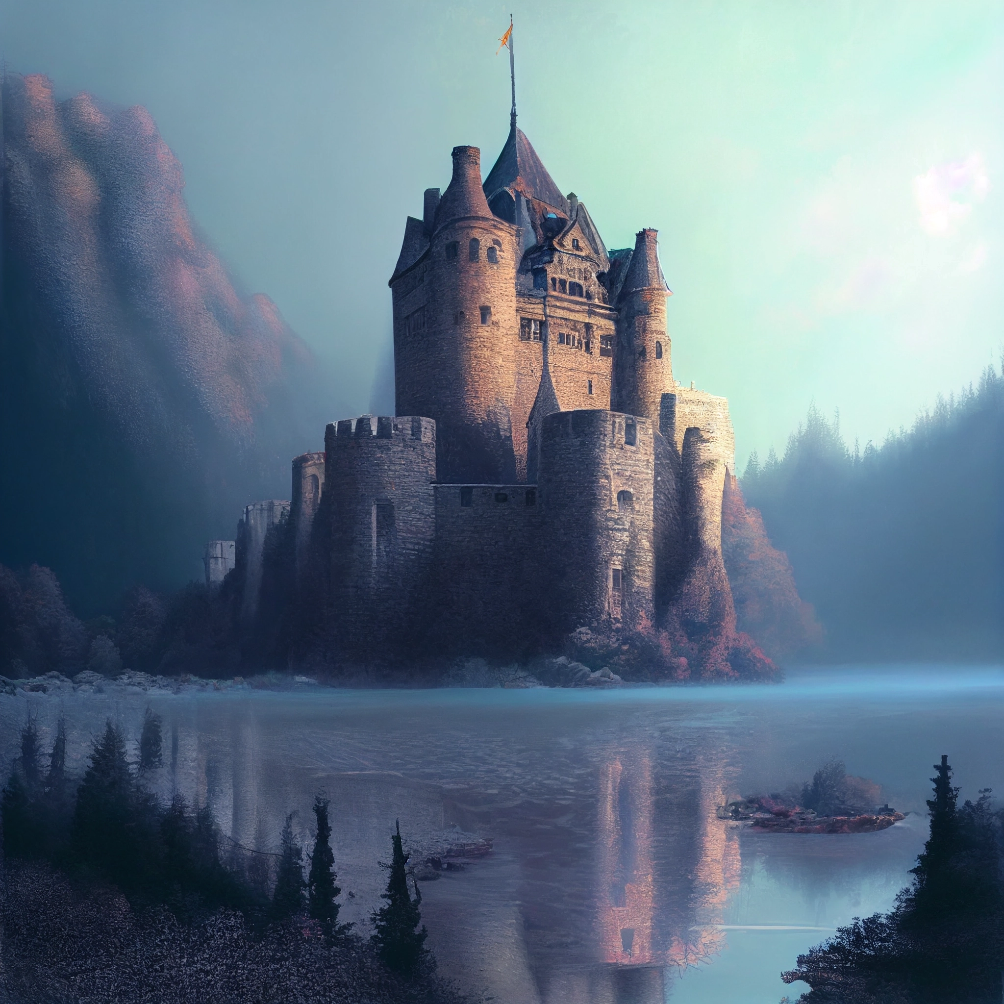 A castle sitting on top of the water - Castle, dark, lake