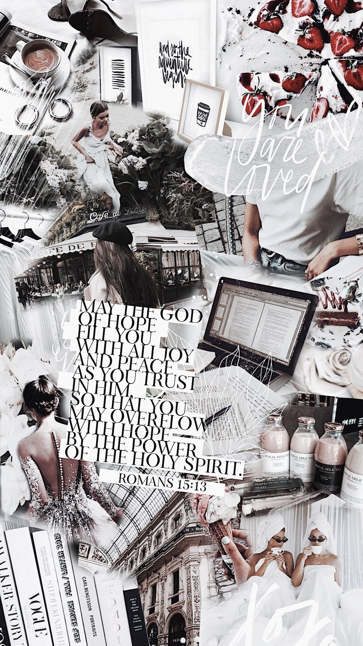 A collage of black and white photos including books, a cup of coffee, and a woman reading. Romans 15:1 is written in the center. - Fashion, Vogue, Dior