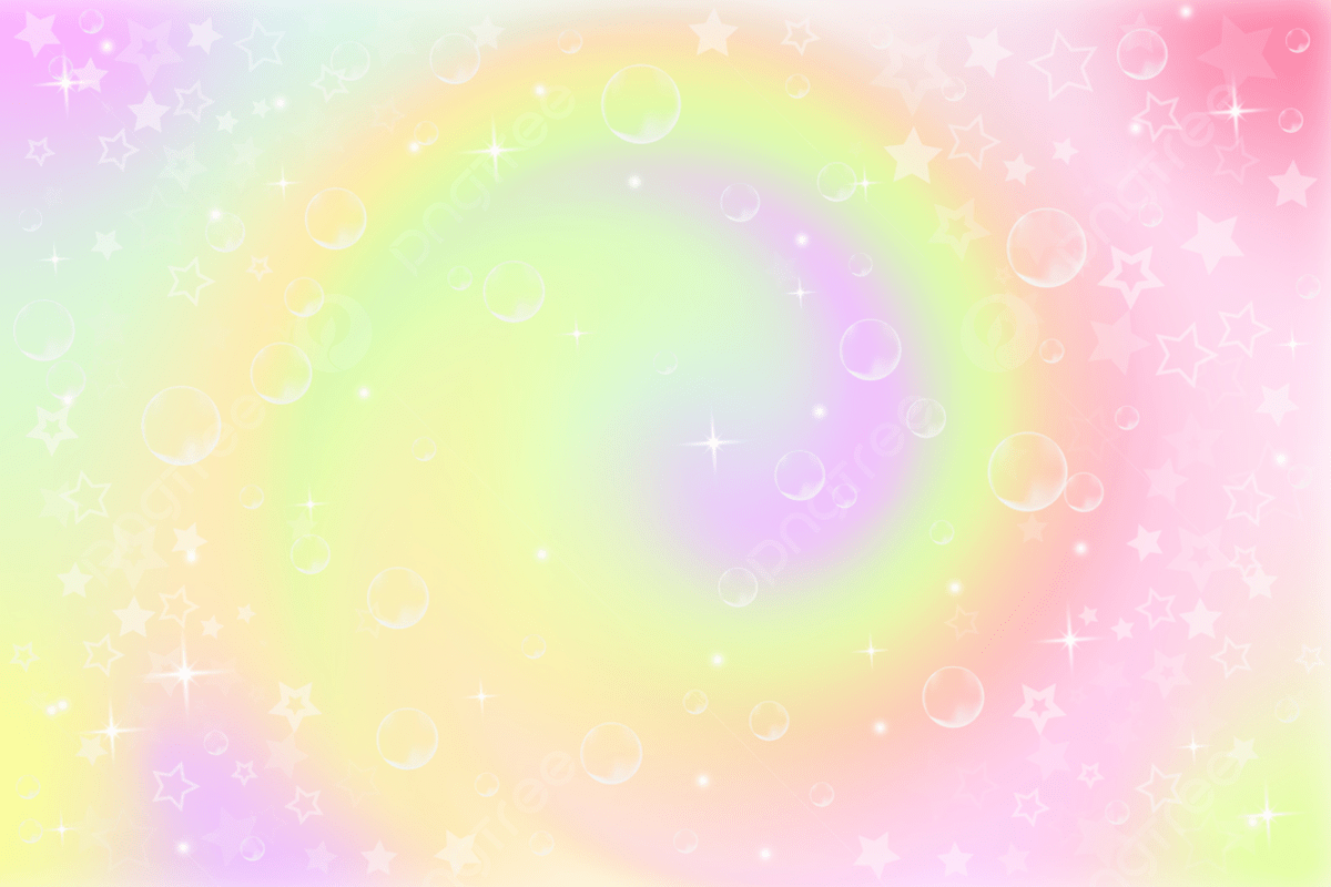 A rainbow colored background with bubbles and stars. - Pastel rainbow