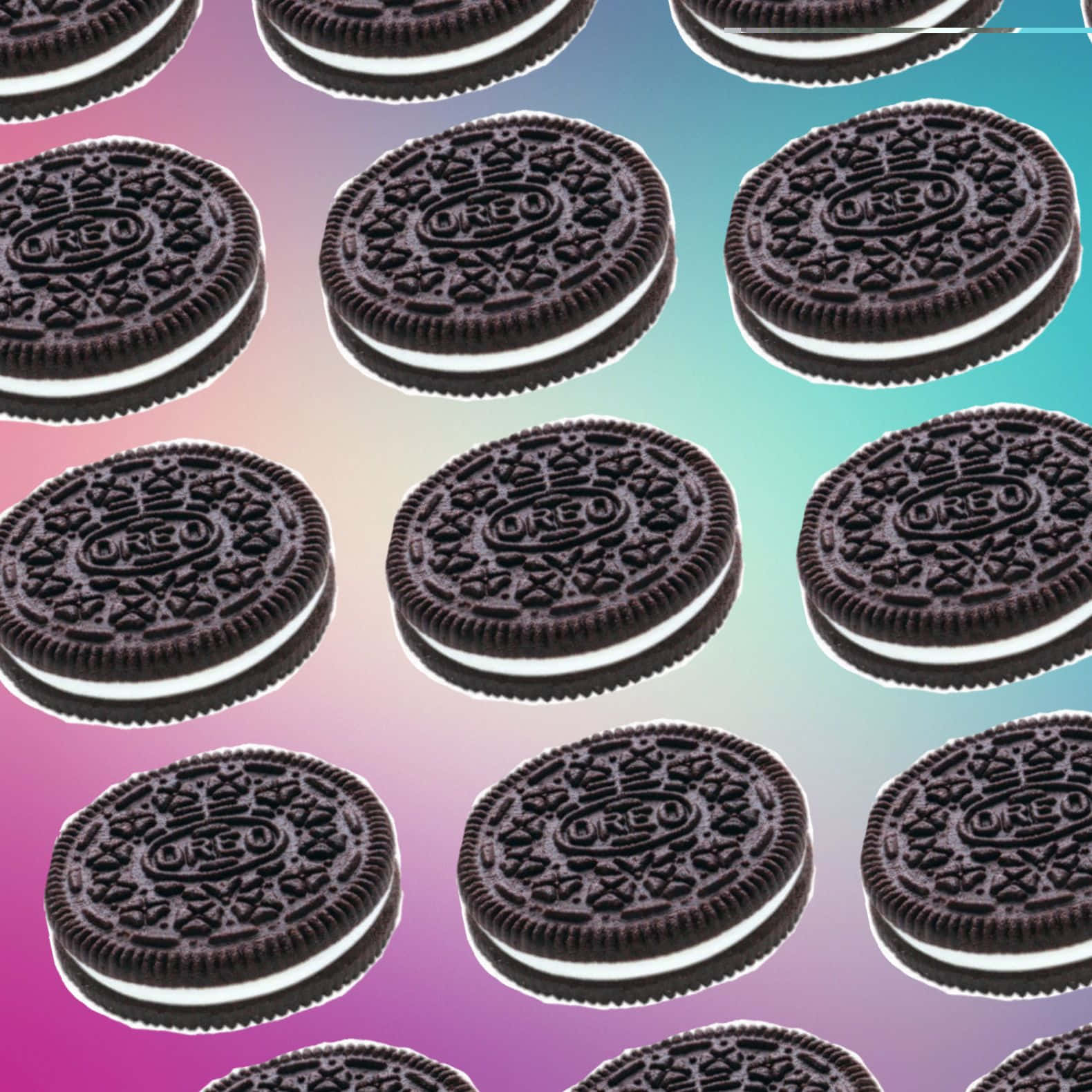 A pattern of Oreo cookies on a rainbow background - Oreo