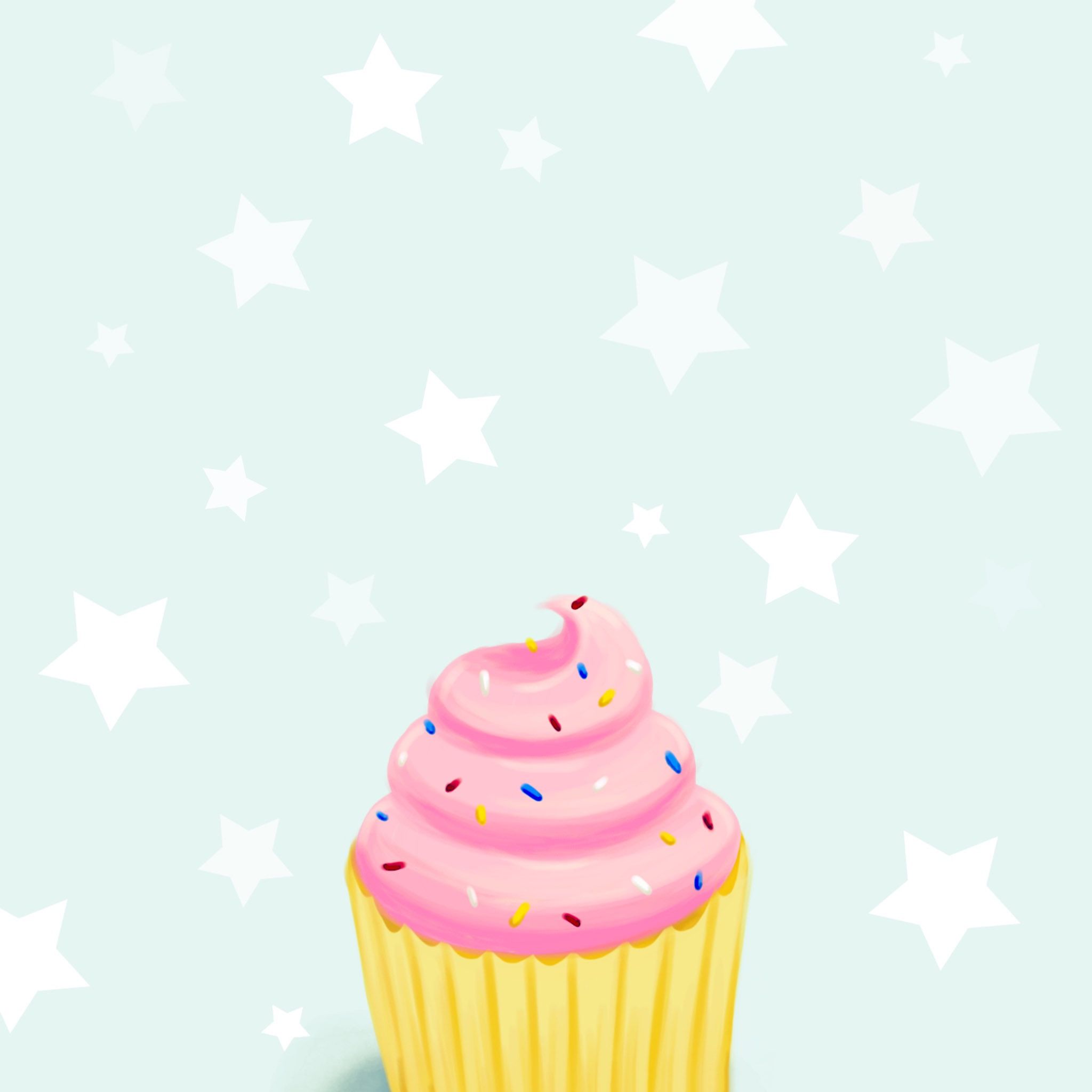 A cupcake with pink frosting and sprinkles on a blue background with white stars. - Cupcakes