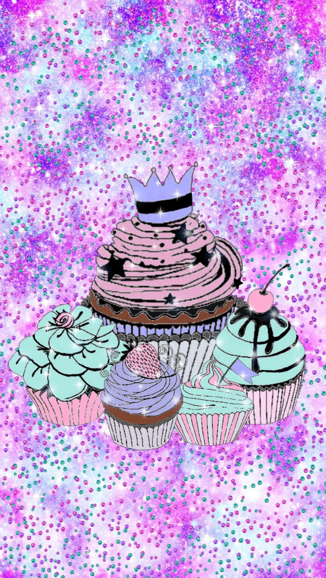 A painting of cupcakes on pink and purple polka dot background - Cupcakes