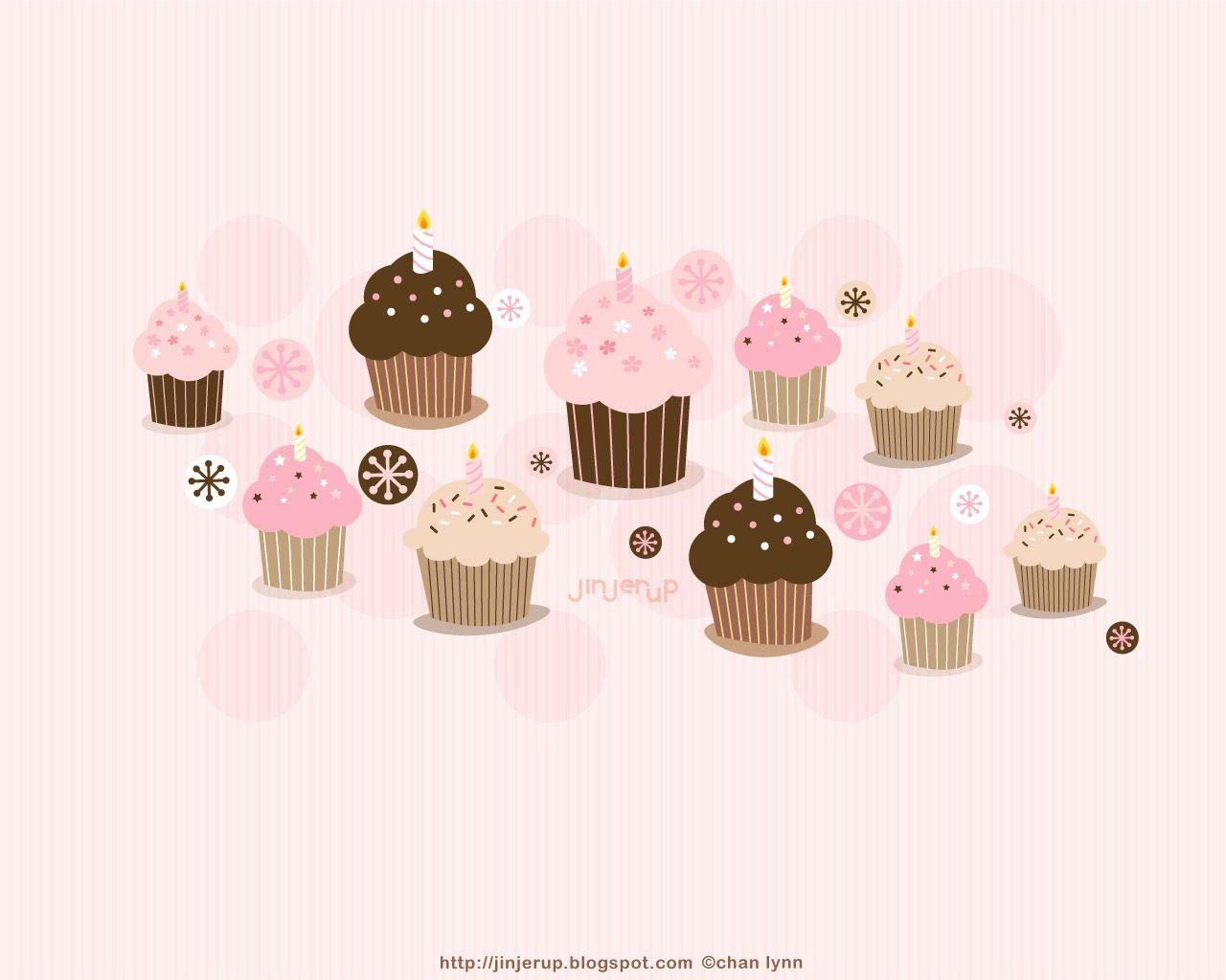 A pink background with cupcakes and candles - Cupcakes