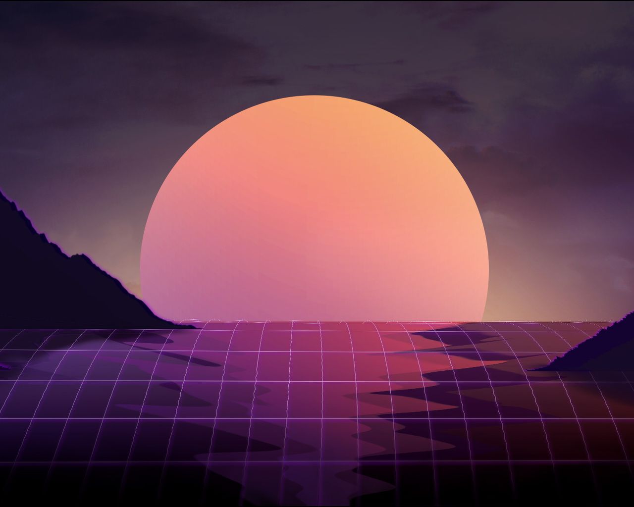 A purple and blue sunset with mountains in the background - 1280x1024