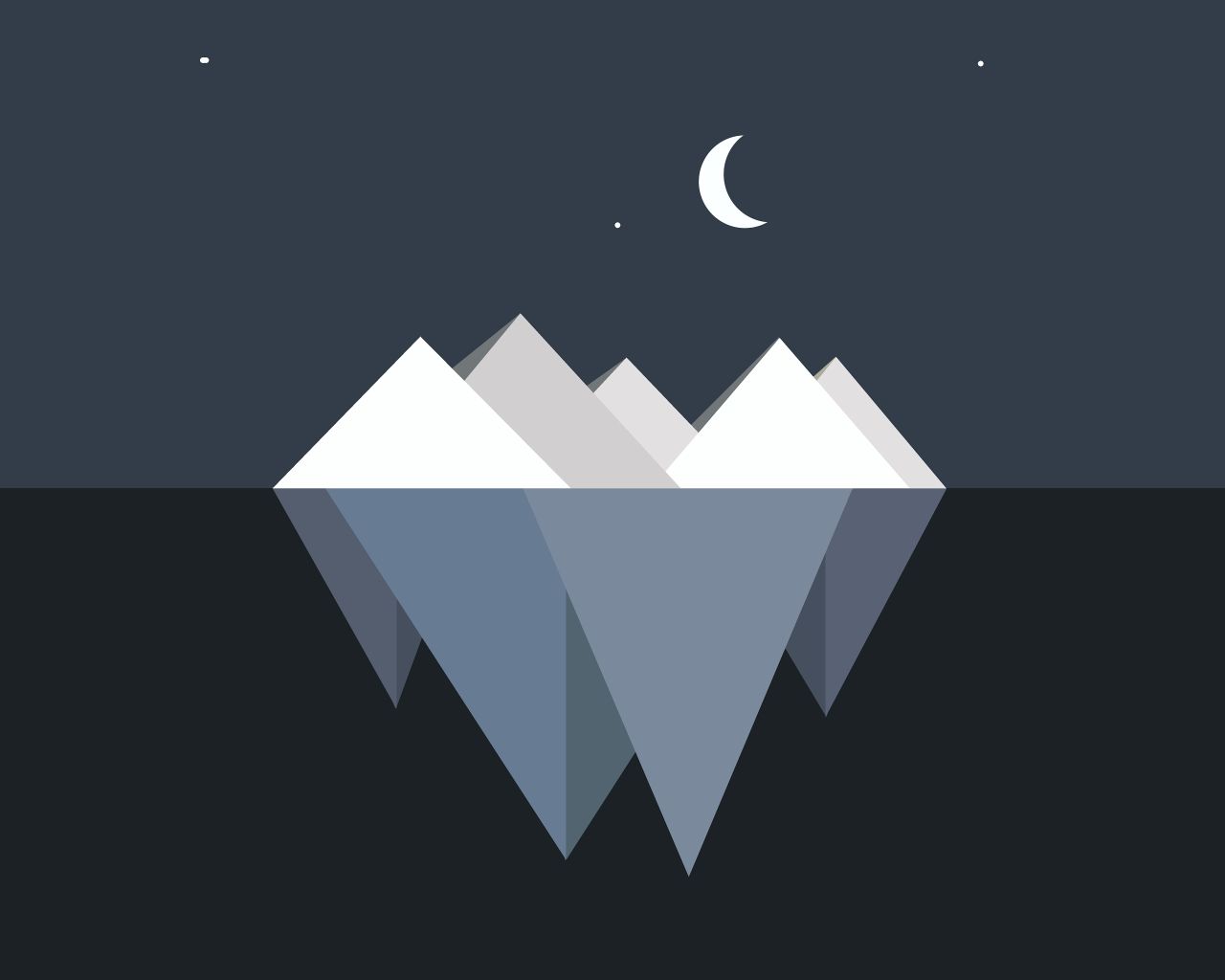 A geometric illustration of a mountain range at night with a crescent moon in the sky. - 1280x1024