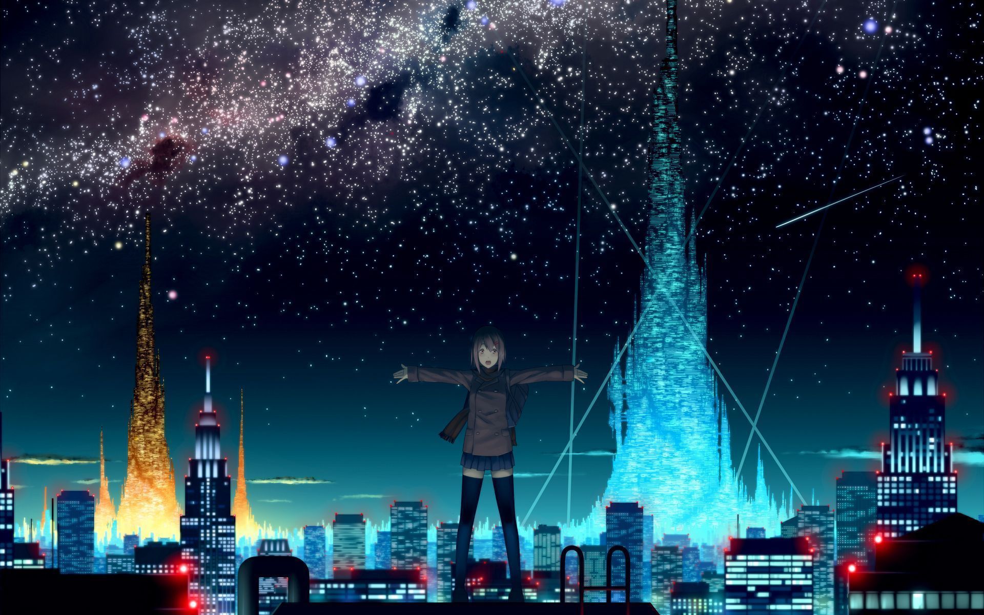 A girl stands on a roof with her arms outstretched, looking out over a city at night. - 1920x1200
