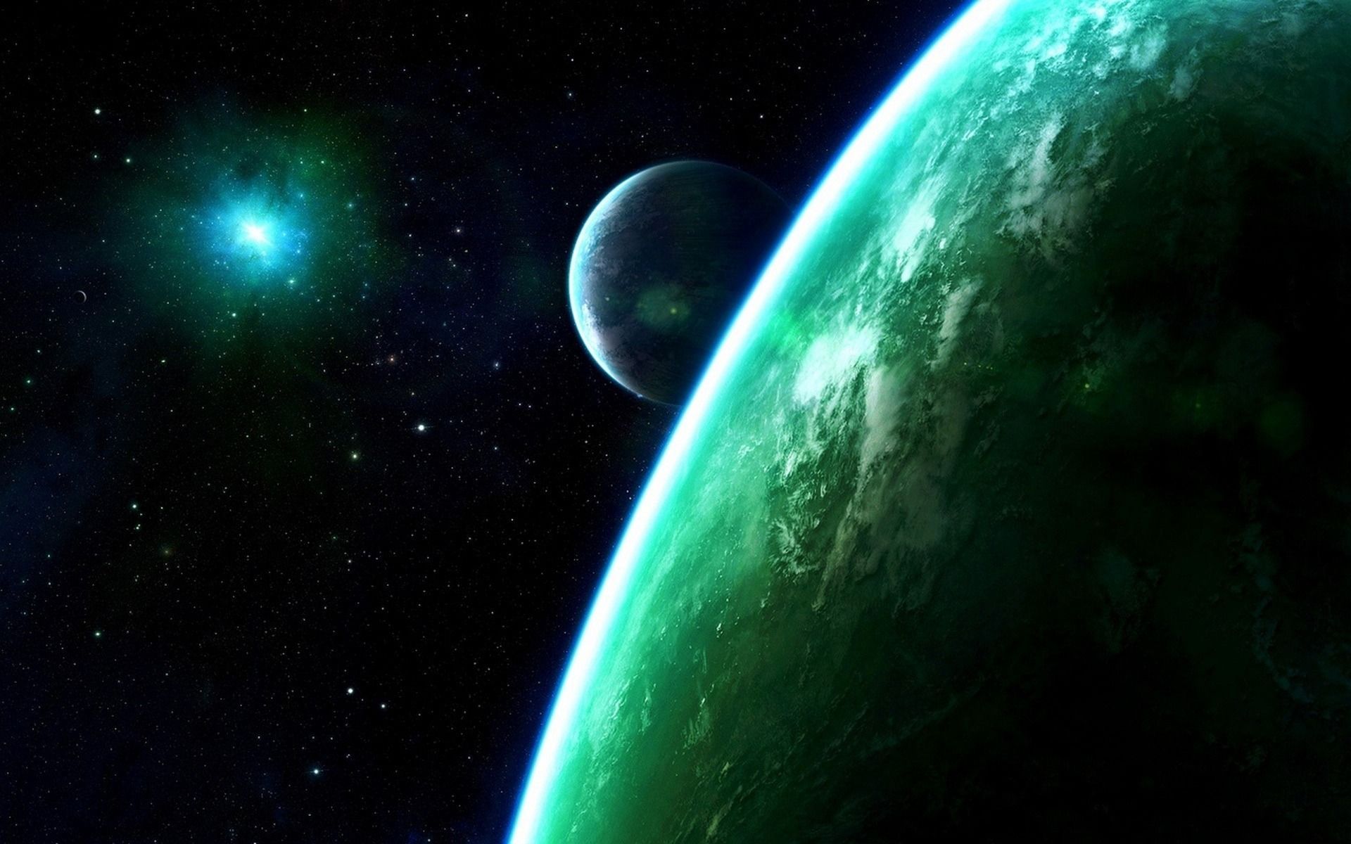 Two planets in space, one green and one gray, with a bright blue star in the background. - 1920x1200