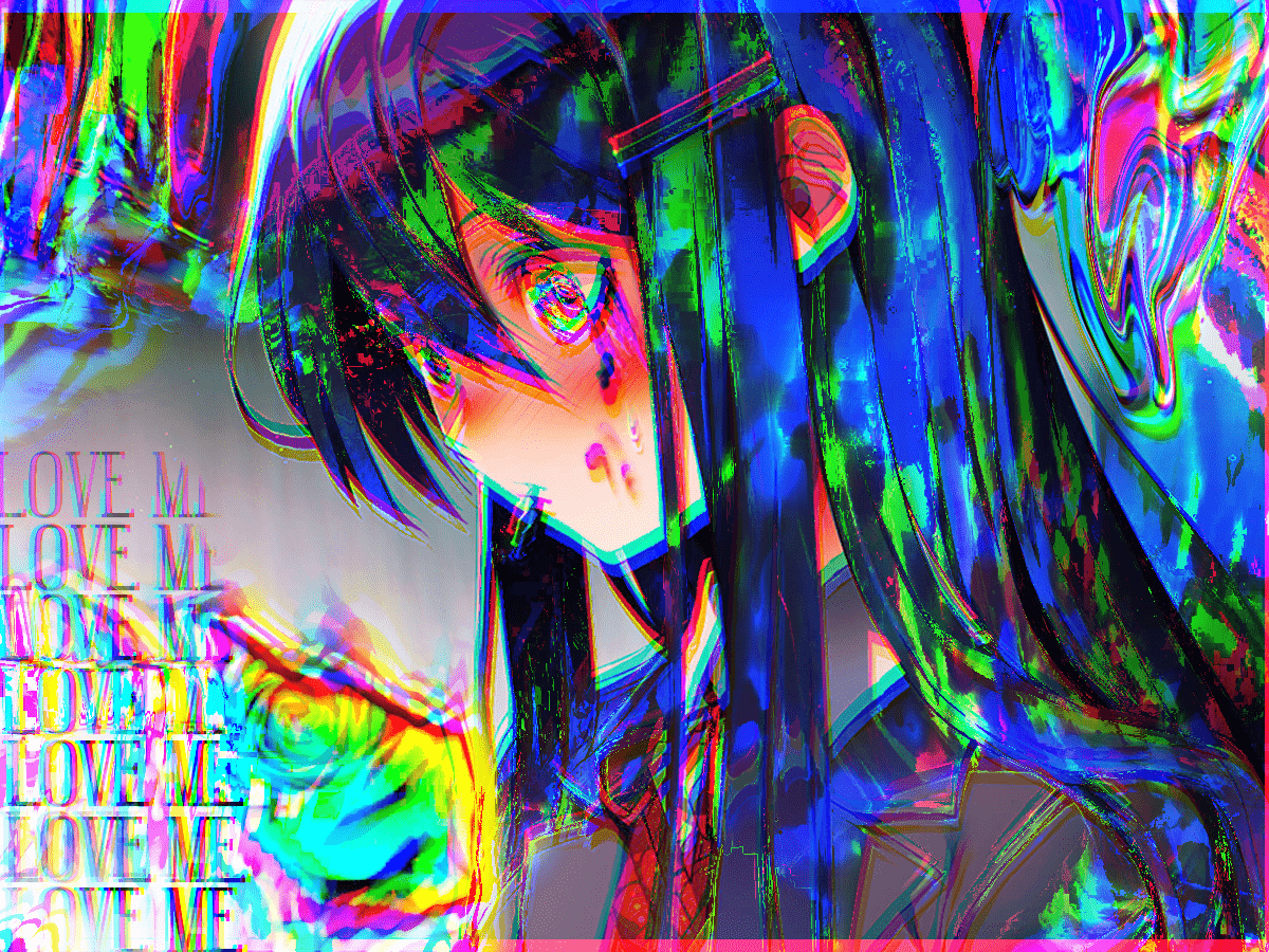 Anime girl with colorful hair and a pink background - Glitchcore