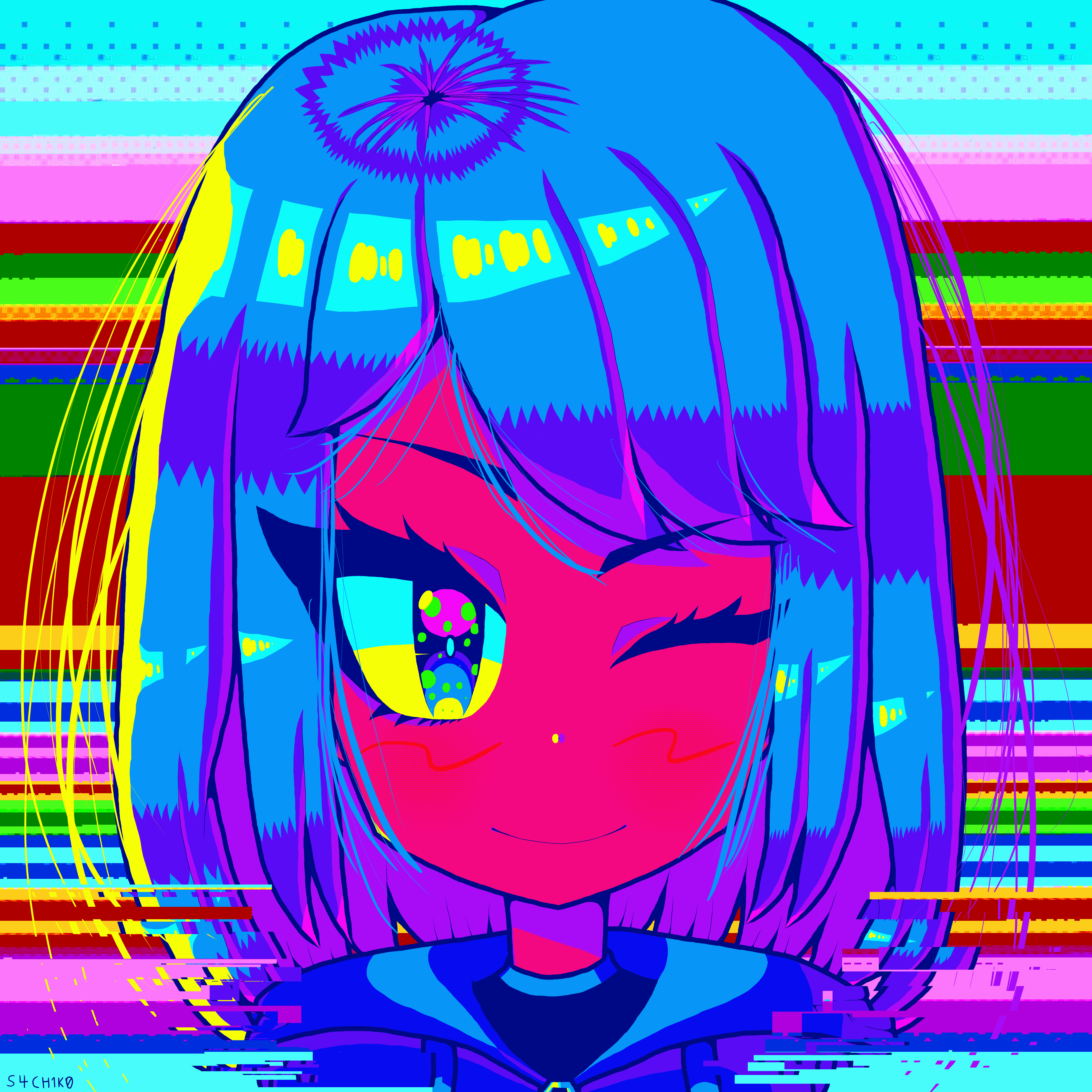 A girl with blue hair and pink eyes - Glitchcore