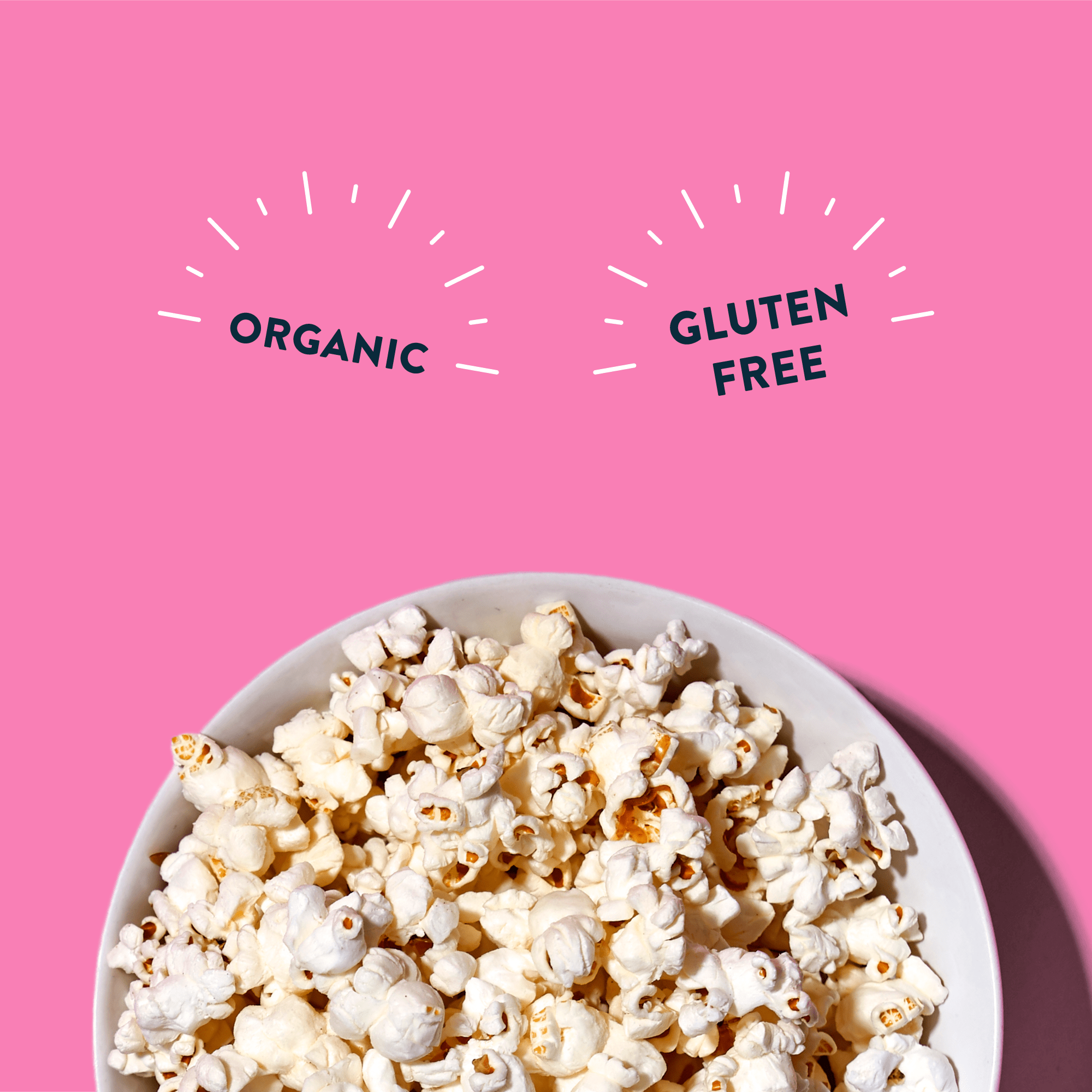 A bowl of popcorn with the words organic and gluten free - Popcorn