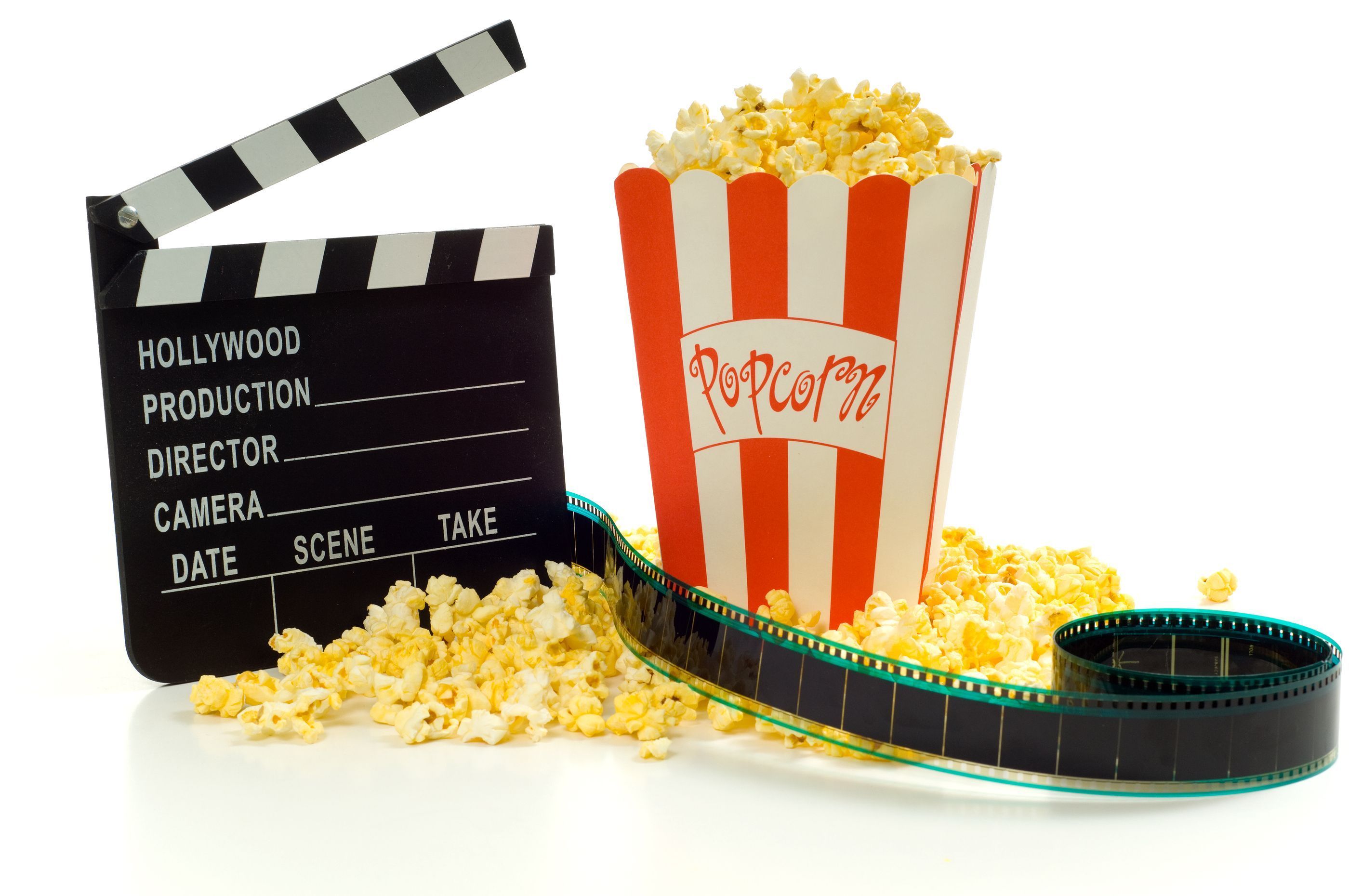 A popcorn box, movie reel and clapper - Popcorn