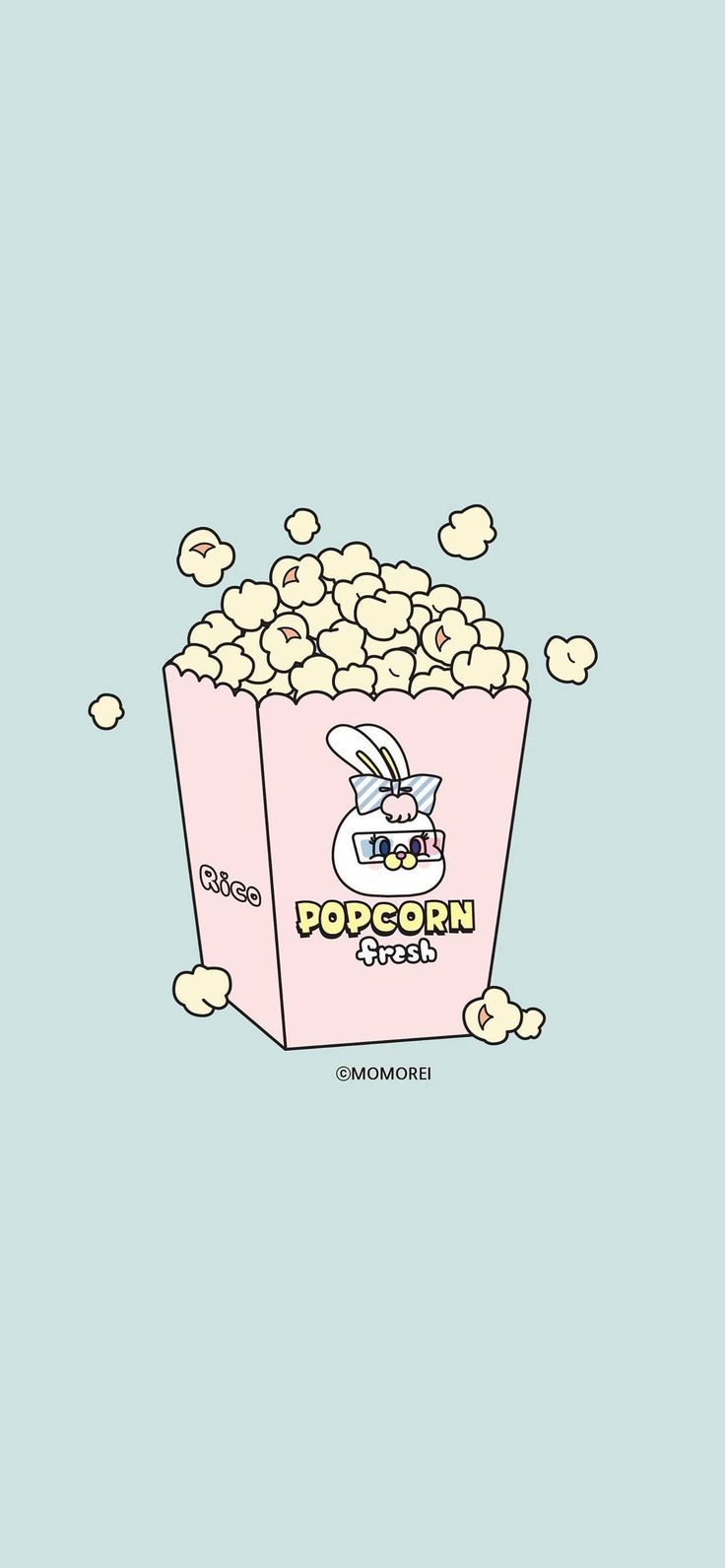 A light blue background with a pink box of popcorn and popcorn on the side. - Popcorn