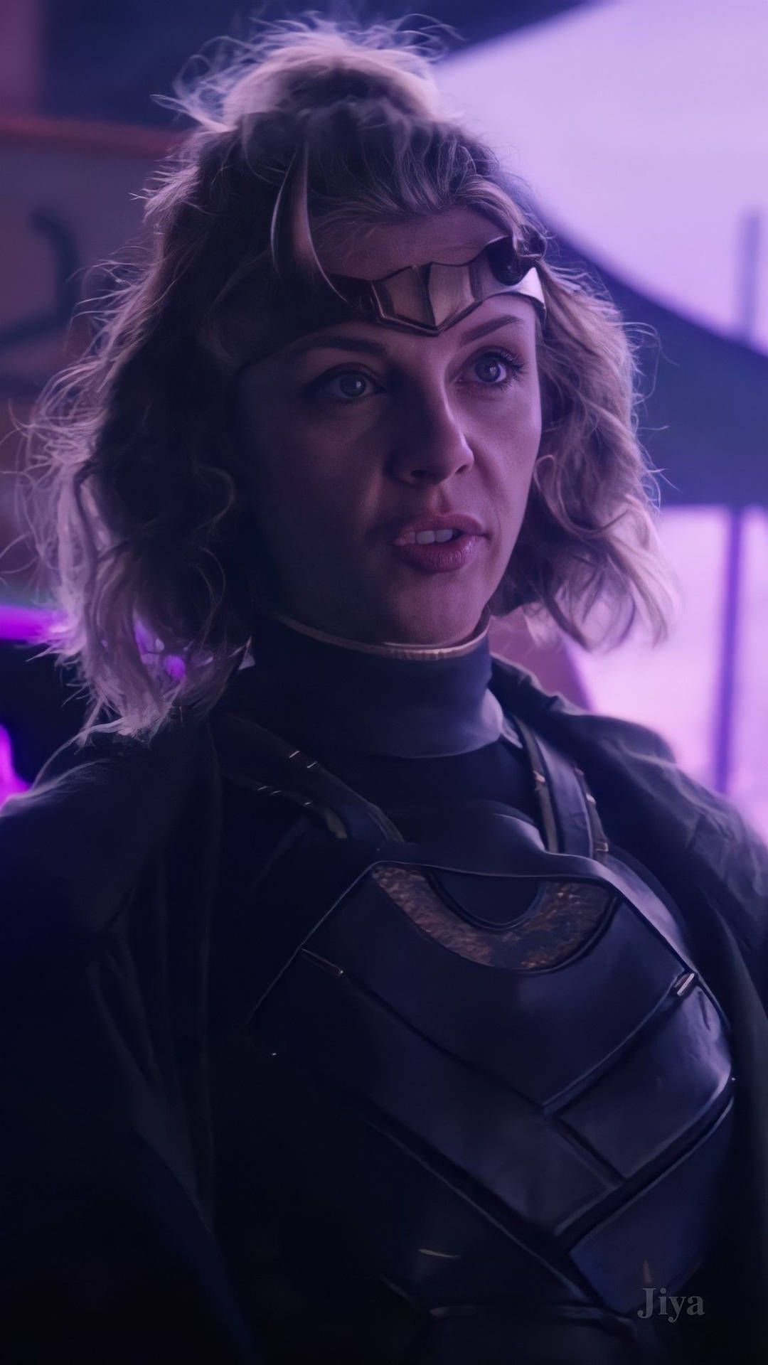 A woman in black armor with purple lighting - Loki
