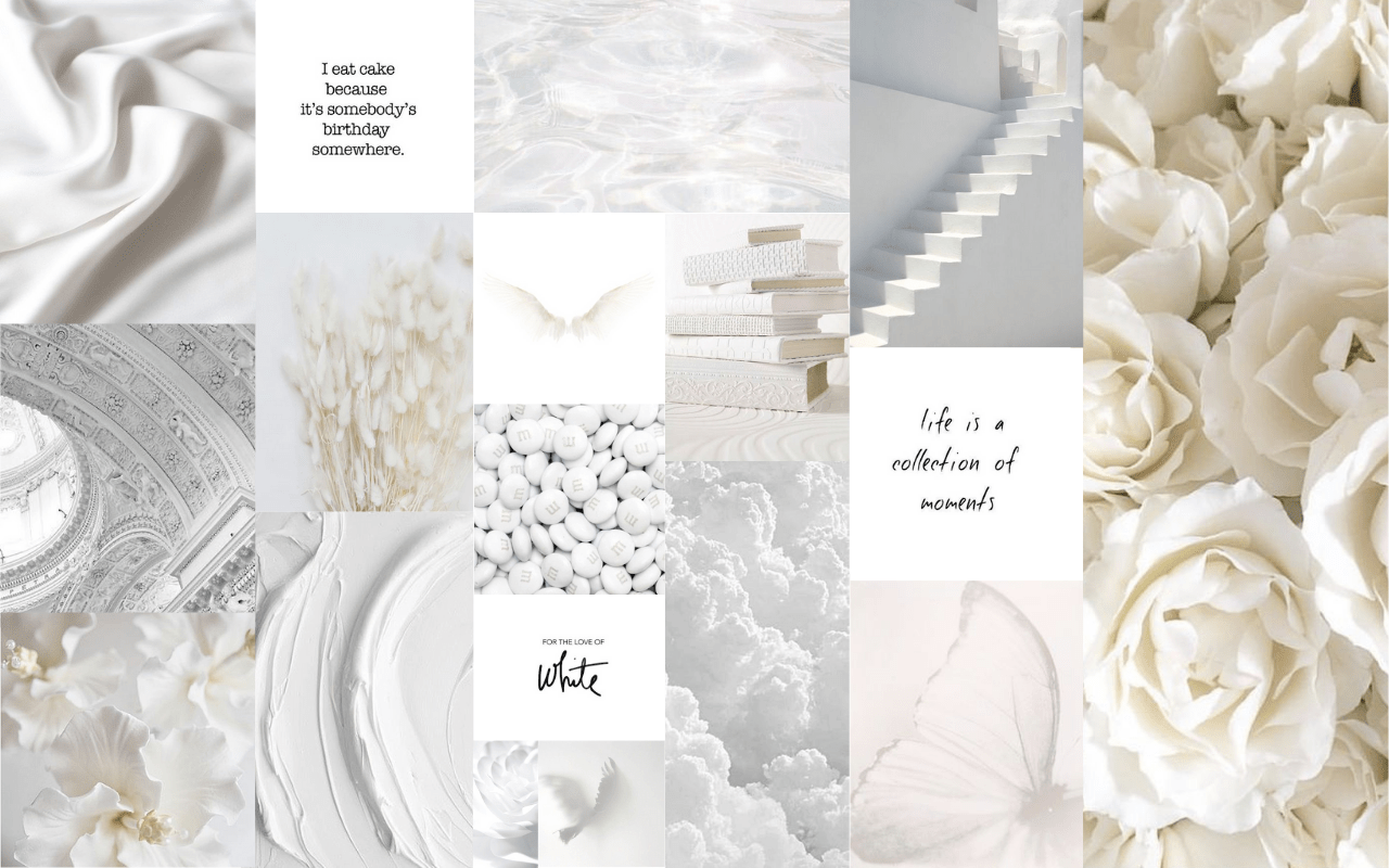 A collage of white and grey images including flowers, a staircase, a clock and a quote. - IMac